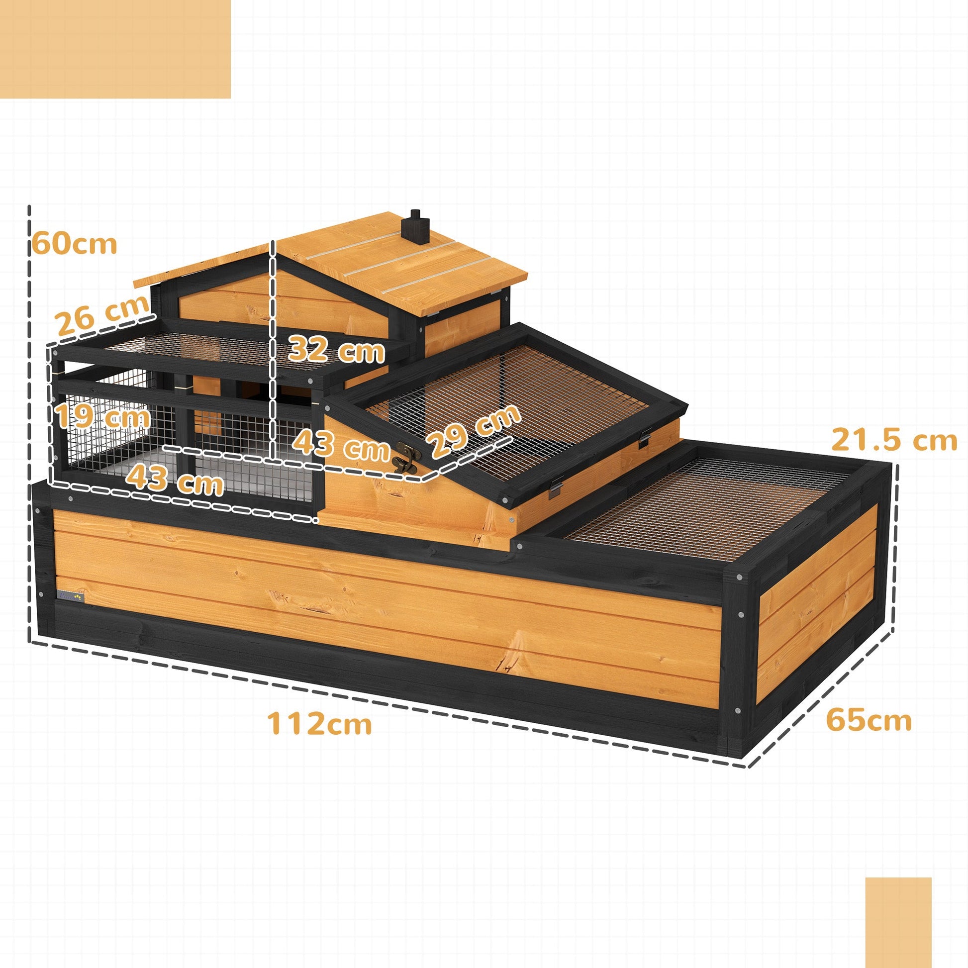 Tortoise House 3-Room Wooden Tortoise Enclosure Large Reptile Cage with 2 Stories, Ladder, Balcony, Tray, Openable Roof, 60H x 112L x 65Wcm, Yellow