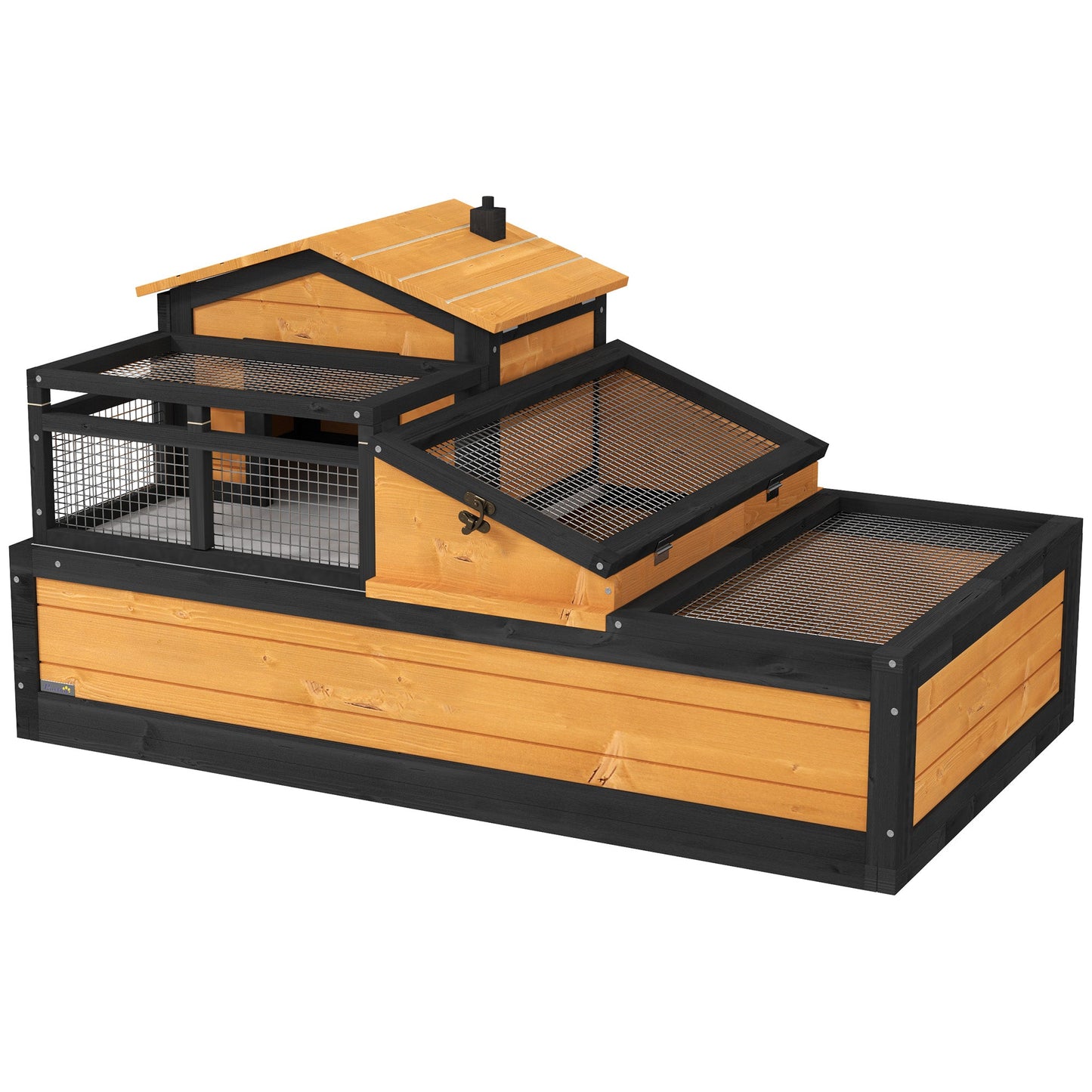 Tortoise House 3-Room Wooden Tortoise Enclosure Large Reptile Cage with 2 Stories, Ladder, Balcony, Tray, Openable Roof, 60H x 112L x 65Wcm, Yellow