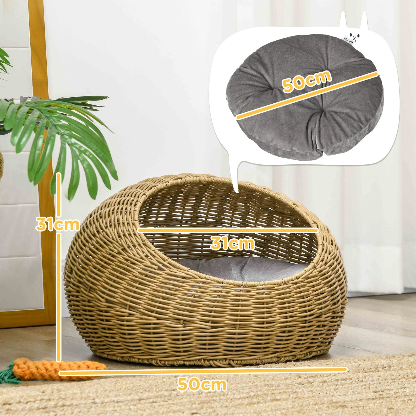 Wicker Cat House, Rattan Cat Bed Kitten Basket with Washable Cushion for Indoor Cats and Puppies, Light Brown