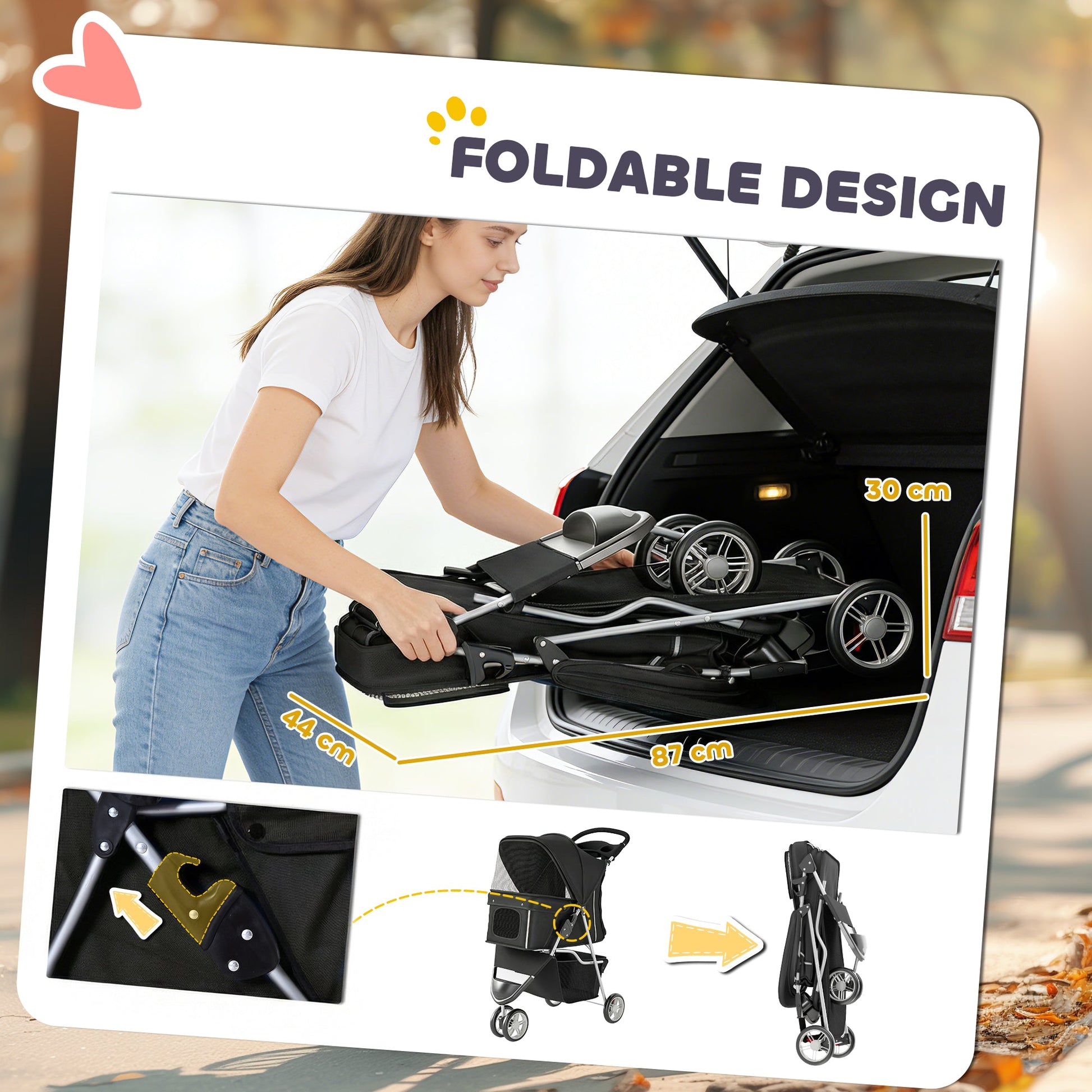 Dog Stroller, 3 Wheels Foldable Cat Dog Pram with Cup Holder, Storage Basket, Pet Stroller for Small Miniature Dogs, Black