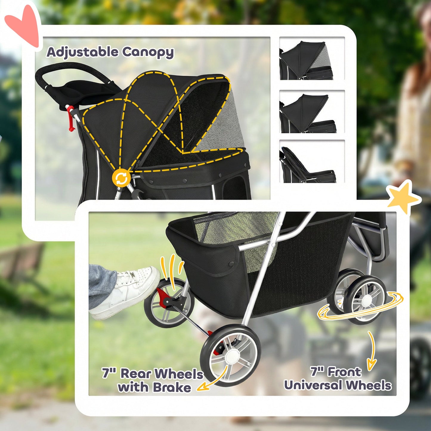 Dog Stroller, 3 Wheels Foldable Cat Dog Pram with Cup Holder, Storage Basket, Pet Stroller for Small Miniature Dogs, Black