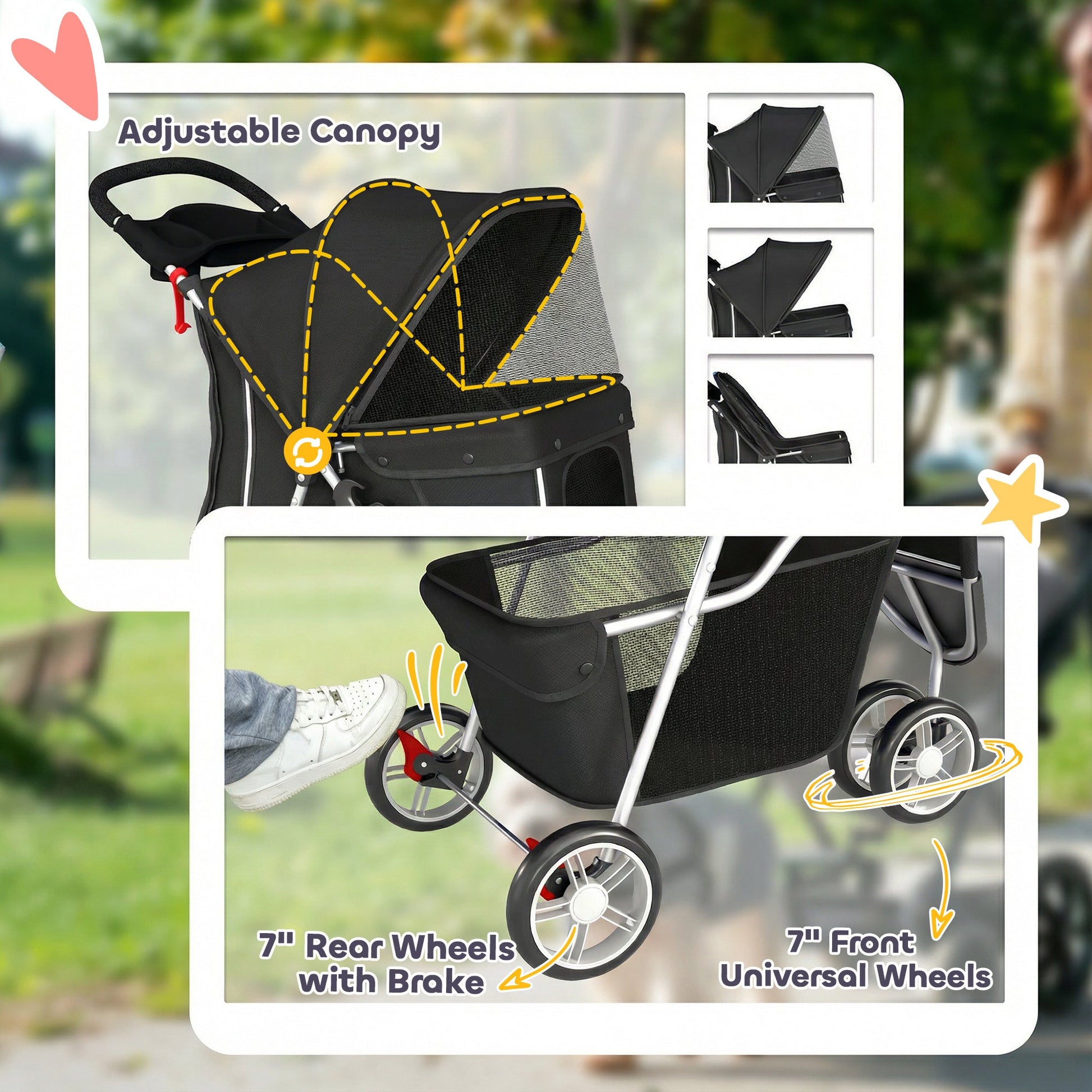 Dog Stroller, 3 Wheels Foldable Cat Dog Pram with Cup Holder, Storage Basket, Pet Stroller for Small Miniature Dogs, Black