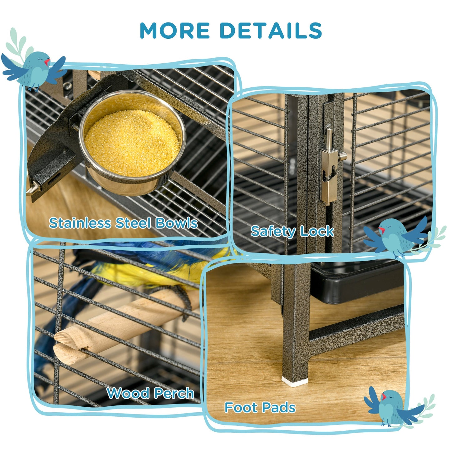 Bird Cage Budgie Cage for Budgie, Lovebirds, Green Cheek Canary, Parakeet, Cockatiel, Travel Breeding Cage w/ Wooden Perch Handle, 48 x 38 x 65 cm