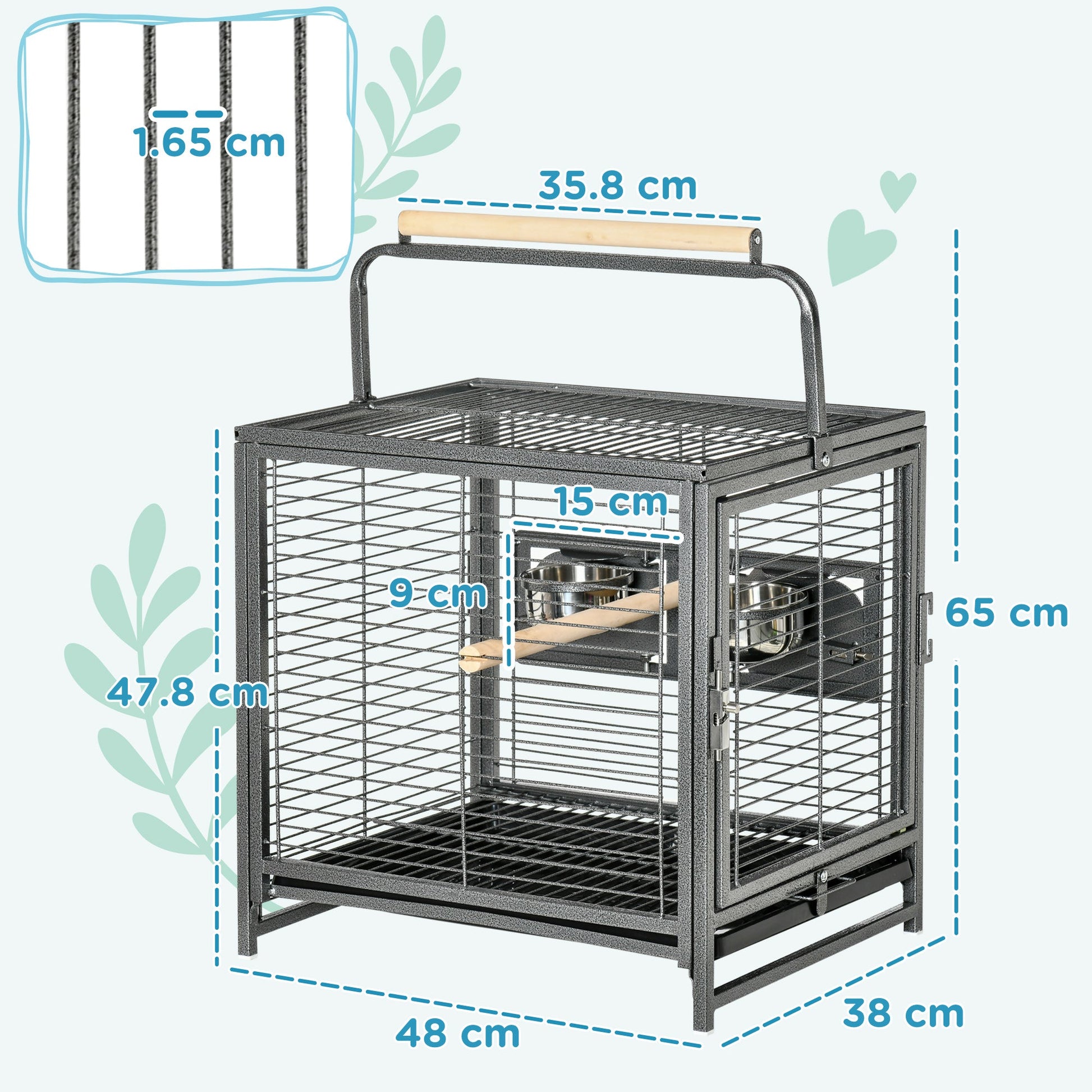 Bird Cage Budgie Cage for Budgie, Lovebirds, Green Cheek Canary, Parakeet, Cockatiel, Travel Breeding Cage w/ Wooden Perch Handle, 48 x 38 x 65 cm
