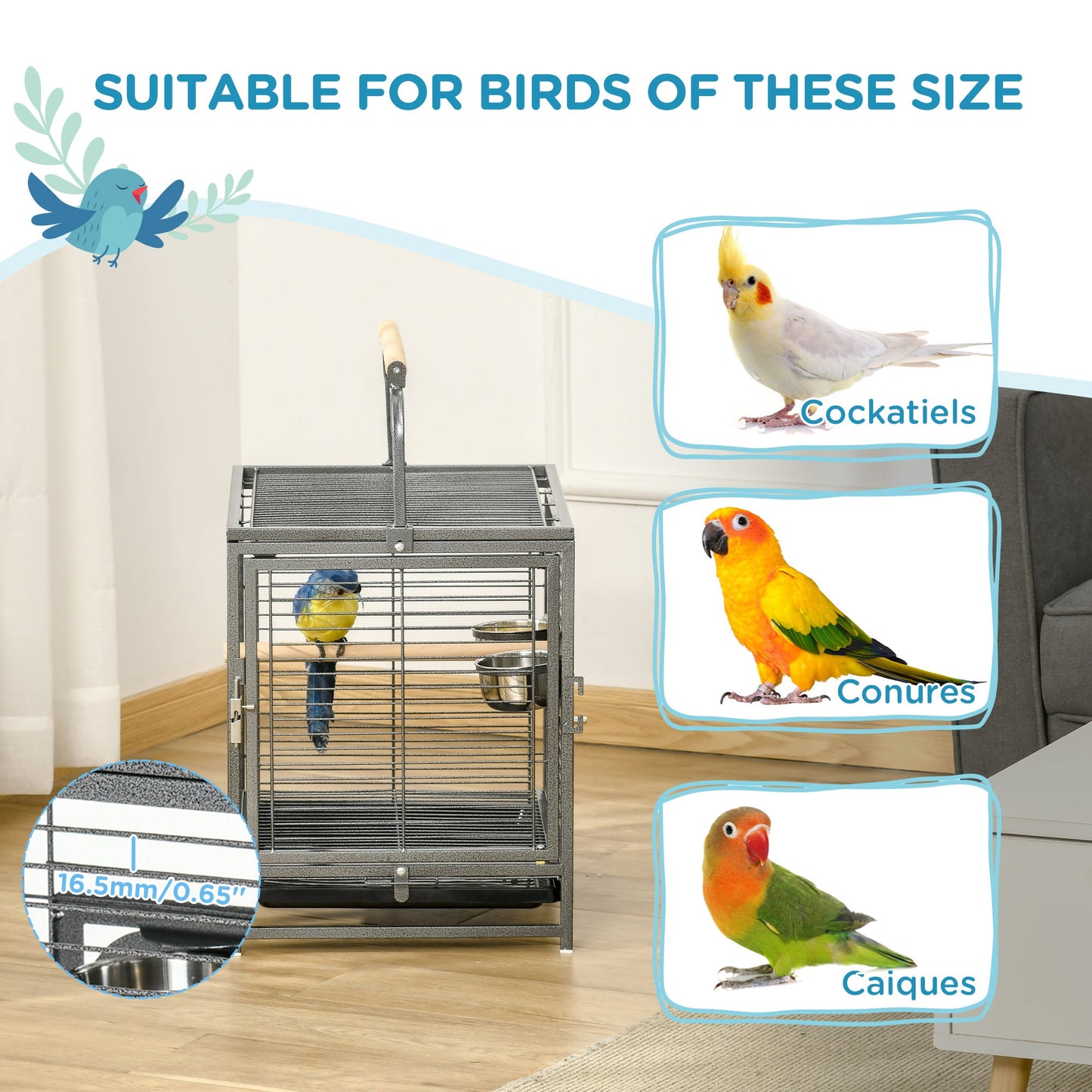 Bird Cage Budgie Cage for Budgie, Lovebirds, Green Cheek Canary, Parakeet, Cockatiel, Travel Breeding Cage w/ Wooden Perch Handle, 48 x 38 x 65 cm