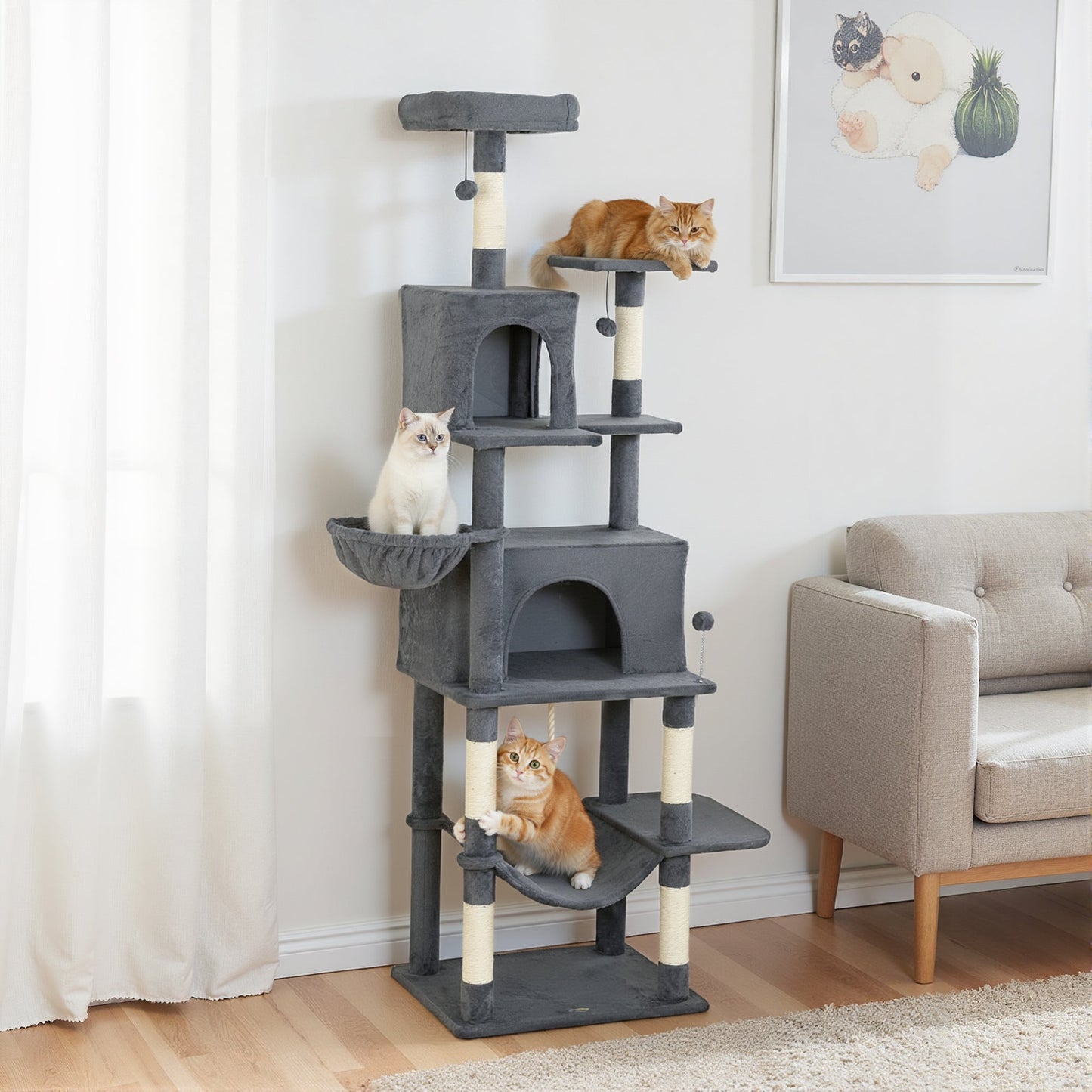 Cat Tree, 202cm Large Cat Tower for Indoor Kittens with 6 Scratching Posts, 2 Condos, 2 Perches, 2 Hammocks, Pompoms, Multi-Level Plush Kitty Activity Centre for Rest and Play, Dark Grey