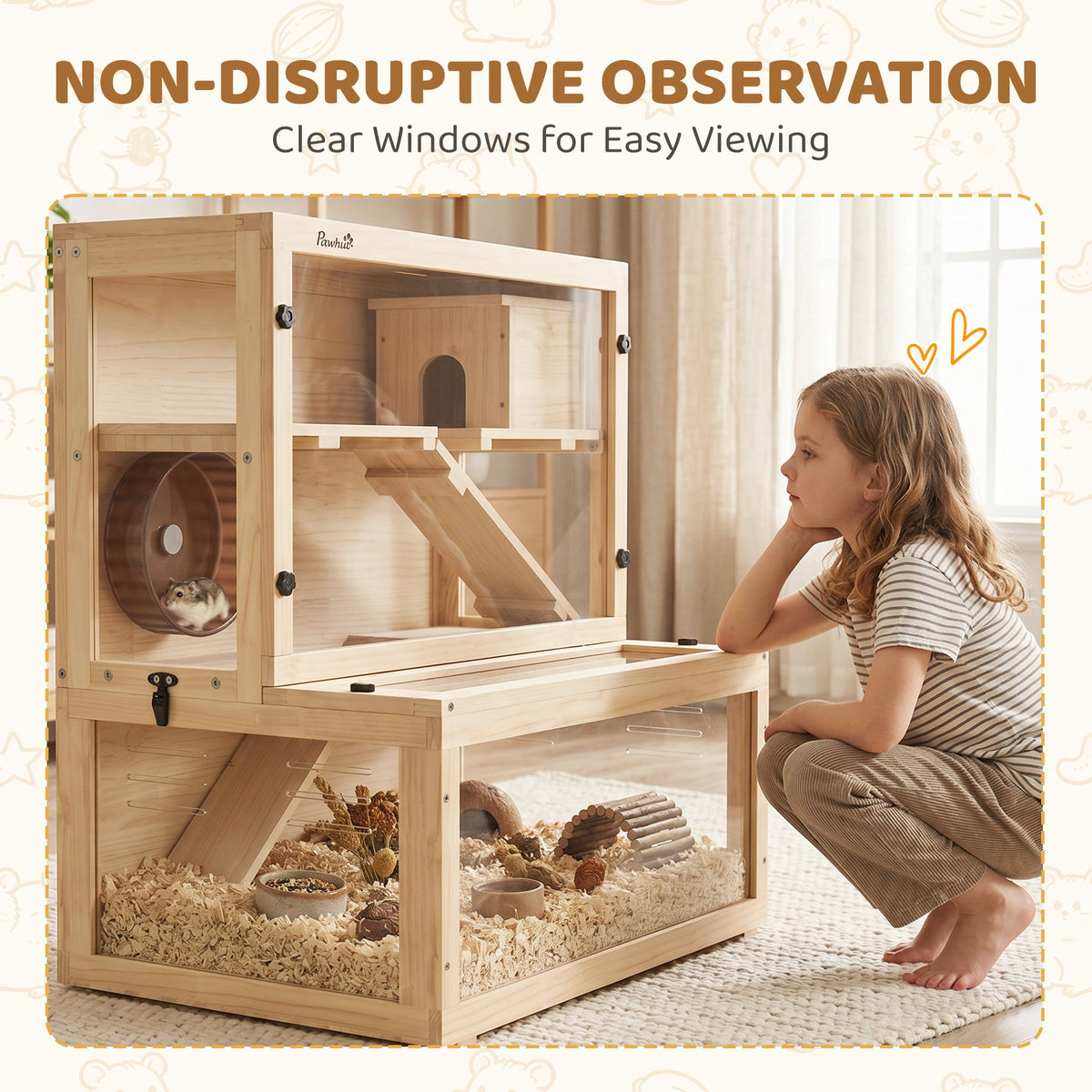 Wooden Hamster Cage, Large Gerbil Cage with Hut, Wheel, Ramps, 3 Tier Small Animal Habitat with Removable Viewing Panels, 80 x 50 x 84 cm, Natural