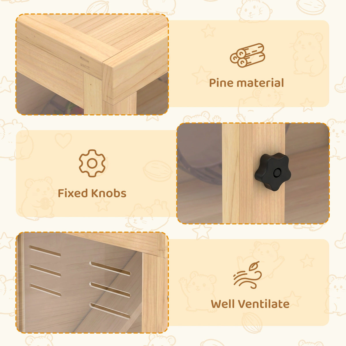 Wooden Hamster Cage, Large Gerbil Cage with Hut, Wheel, Ramps, 3 Tier Small Animal Habitat with Removable Viewing Panels, 80 x 50 x 84 cm, Natural