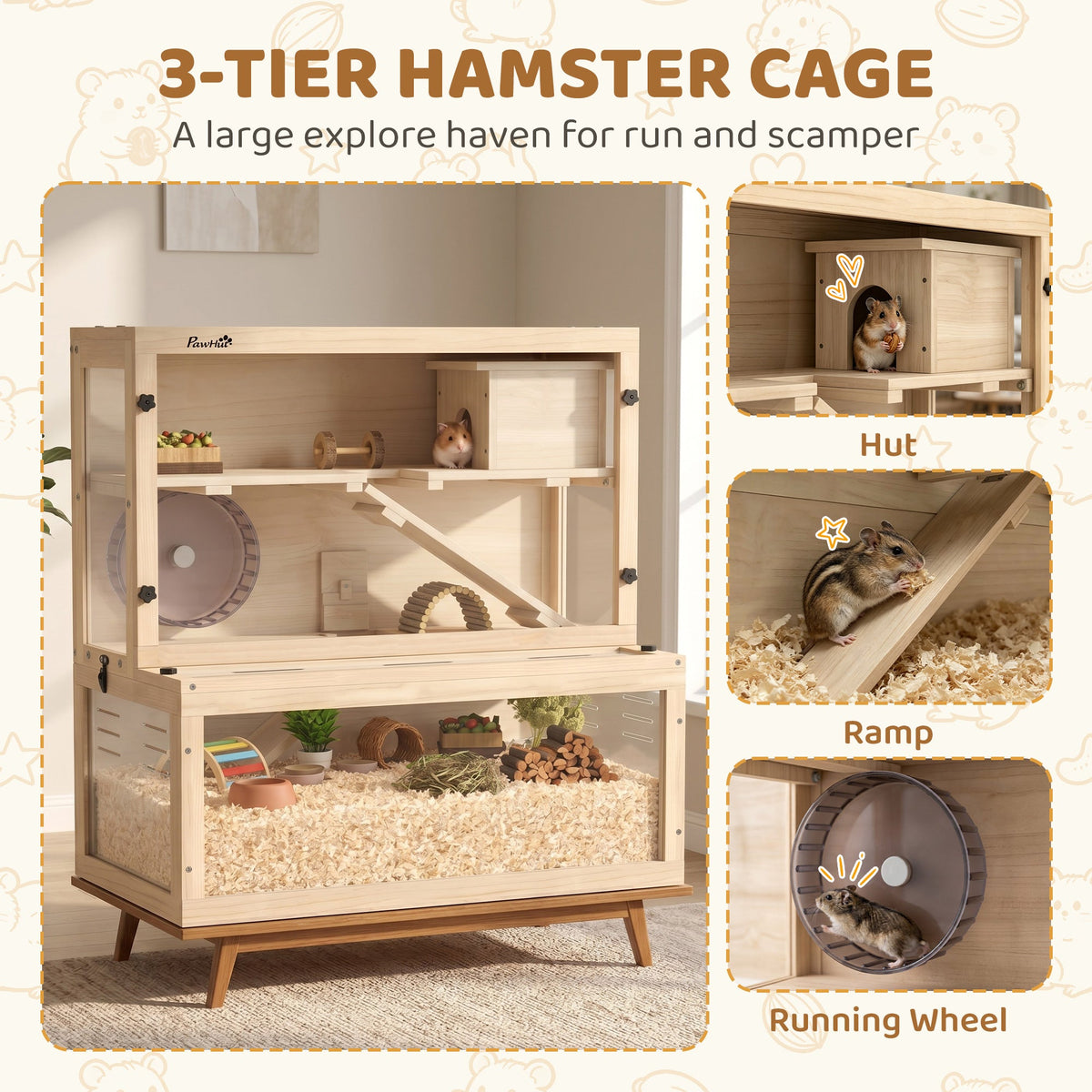 Wooden Hamster Cage, Large Gerbil Cage with Hut, Wheel, Ramps, 3 Tier Small Animal Habitat with Removable Viewing Panels, 80 x 50 x 84 cm, Natural