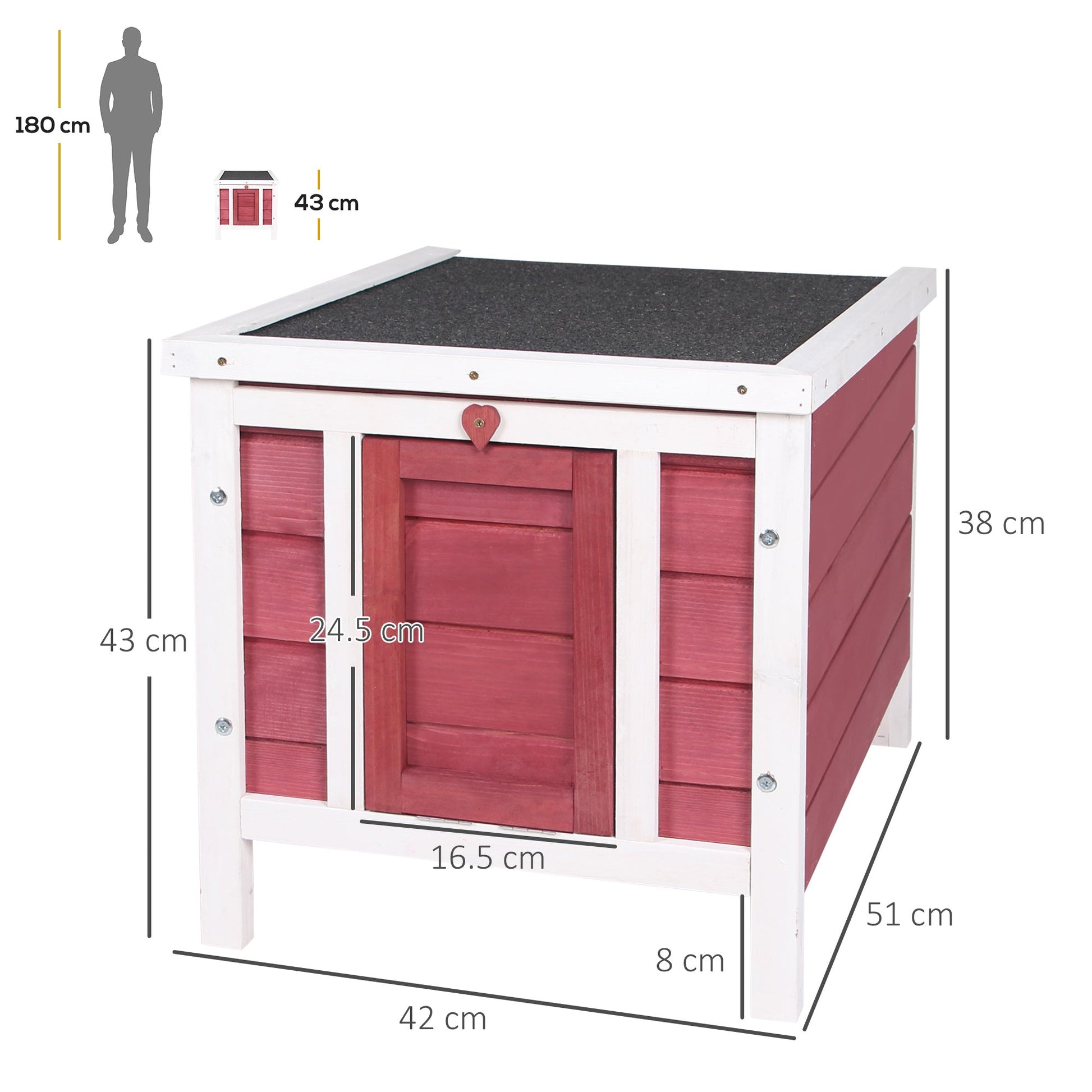 Wooden Rabbit Hutch Outdoor, Guinea Pig Hutch, Rabbit Hideaway, Cat House, Bunny Cage Small Animal House with Openable Roof, 51 x 42 x 43 cm, Red