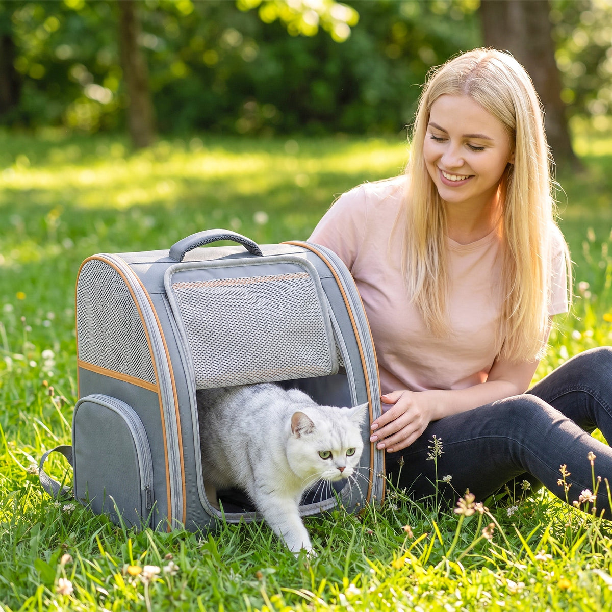 Cat Backpack Carrier, Foldable Pet Carrier for Mini Dogs and Cats Up to 5 kg, Pet Travel Bag with Mesh Window, Side Pocket for Travel and Outdoor Activities, Grey