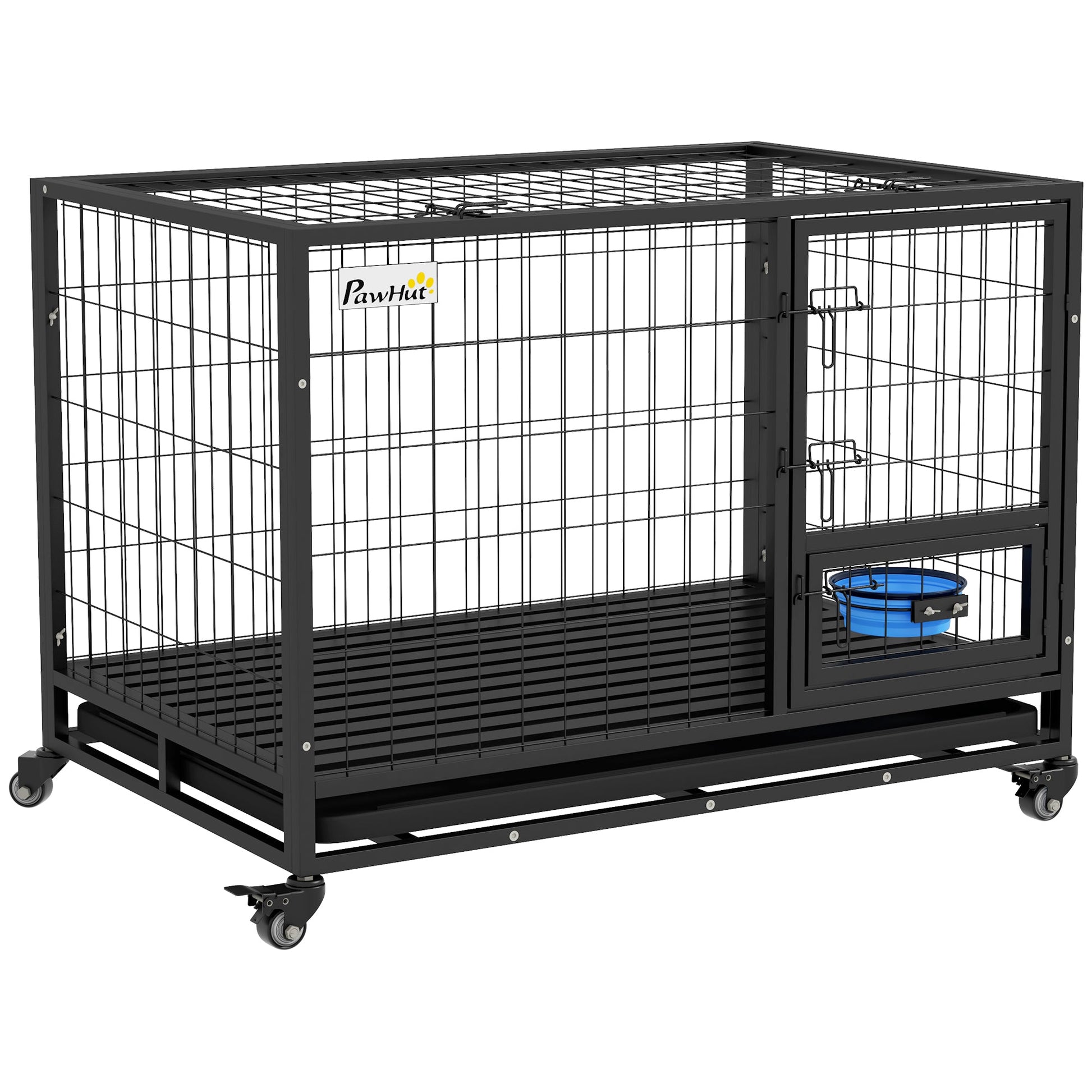 43" Heavy Duty Dog Crate with Bowl Holder, Dog Cage on Wheels with Removable Tray, Openable Top, Detachable Door, Indoor Outdoor Use, for Large and Extra Large Dogs - Black