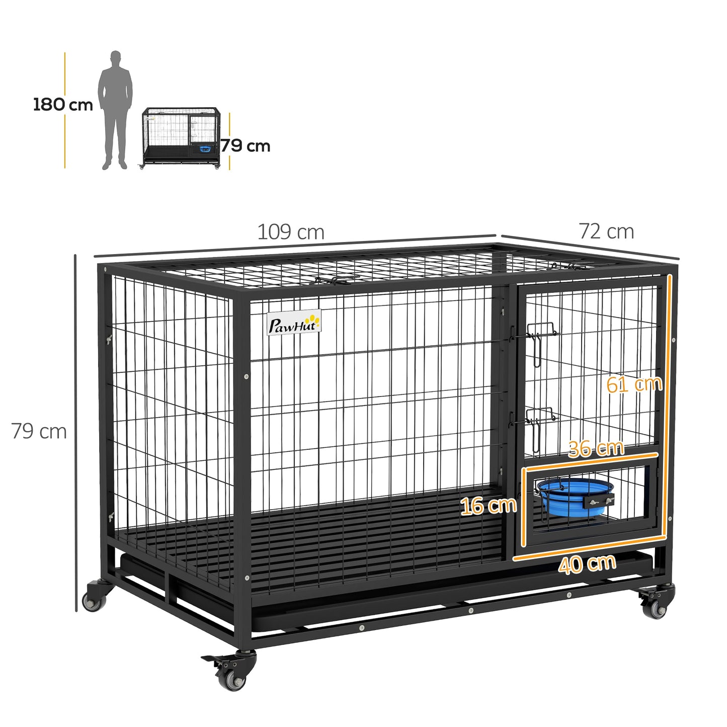 43" Heavy Duty Dog Crate with Bowl Holder, Dog Cage on Wheels with Removable Tray, Openable Top, Detachable Door, Indoor Outdoor Use, for Large and Extra Large Dogs - Black