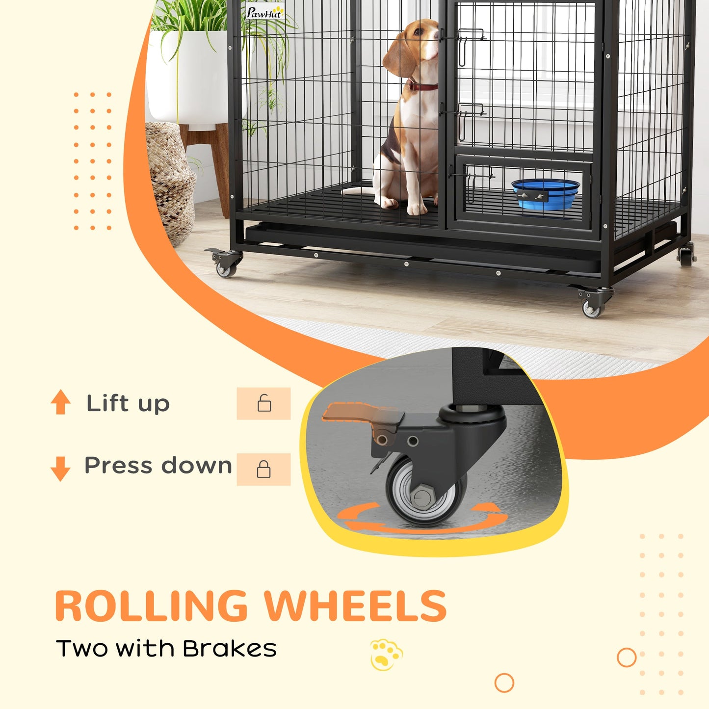 43" Heavy Duty Dog Crate with Bowl Holder, Dog Cage on Wheels with Removable Tray, Openable Top, Detachable Door, Indoor Outdoor Use, for Large and Extra Large Dogs - Black