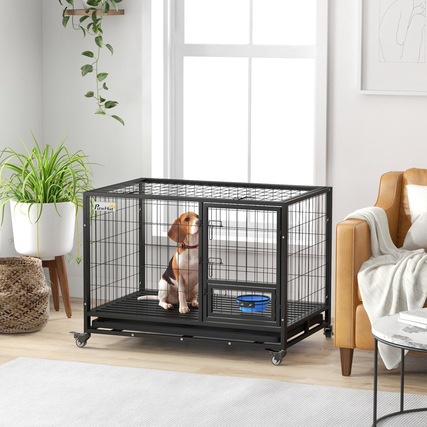 43" Heavy Duty Dog Crate with Bowl Holder, Dog Cage on Wheels with Removable Tray, Openable Top, Detachable Door, Indoor Outdoor Use, for Large and Extra Large Dogs - Black