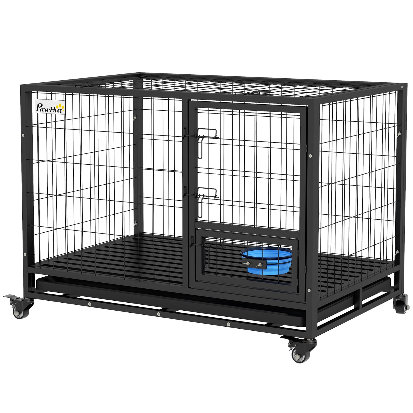 43" Heavy Duty Dog Crate with Bowl Holder, Dog Cage on Wheels with Removable Tray, Openable Top, Detachable Door, Indoor Outdoor Use, for Large and Extra Large Dogs - Black