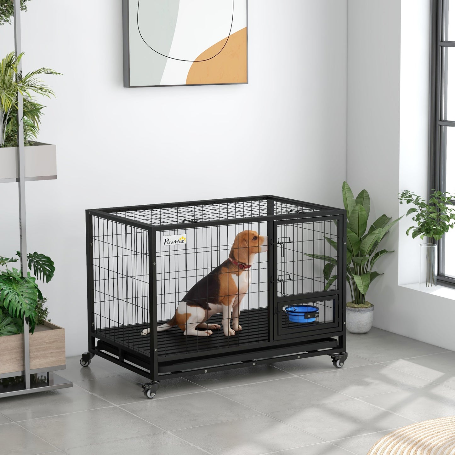43" Heavy Duty Dog Crate with Bowl Holder, Dog Cage on Wheels with Removable Tray, Openable Top, Detachable Door, Indoor Outdoor Use, for Large and Extra Large Dogs - Black