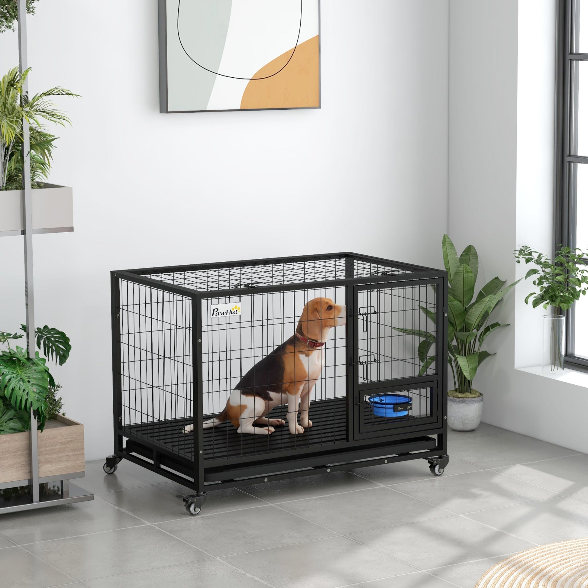 43" Heavy Duty Dog Crate with Bowl Holder, Dog Cage on Wheels with Removable Tray, Openable Top, Detachable Door, Indoor Outdoor Use, for Large and Extra Large Dogs - Black