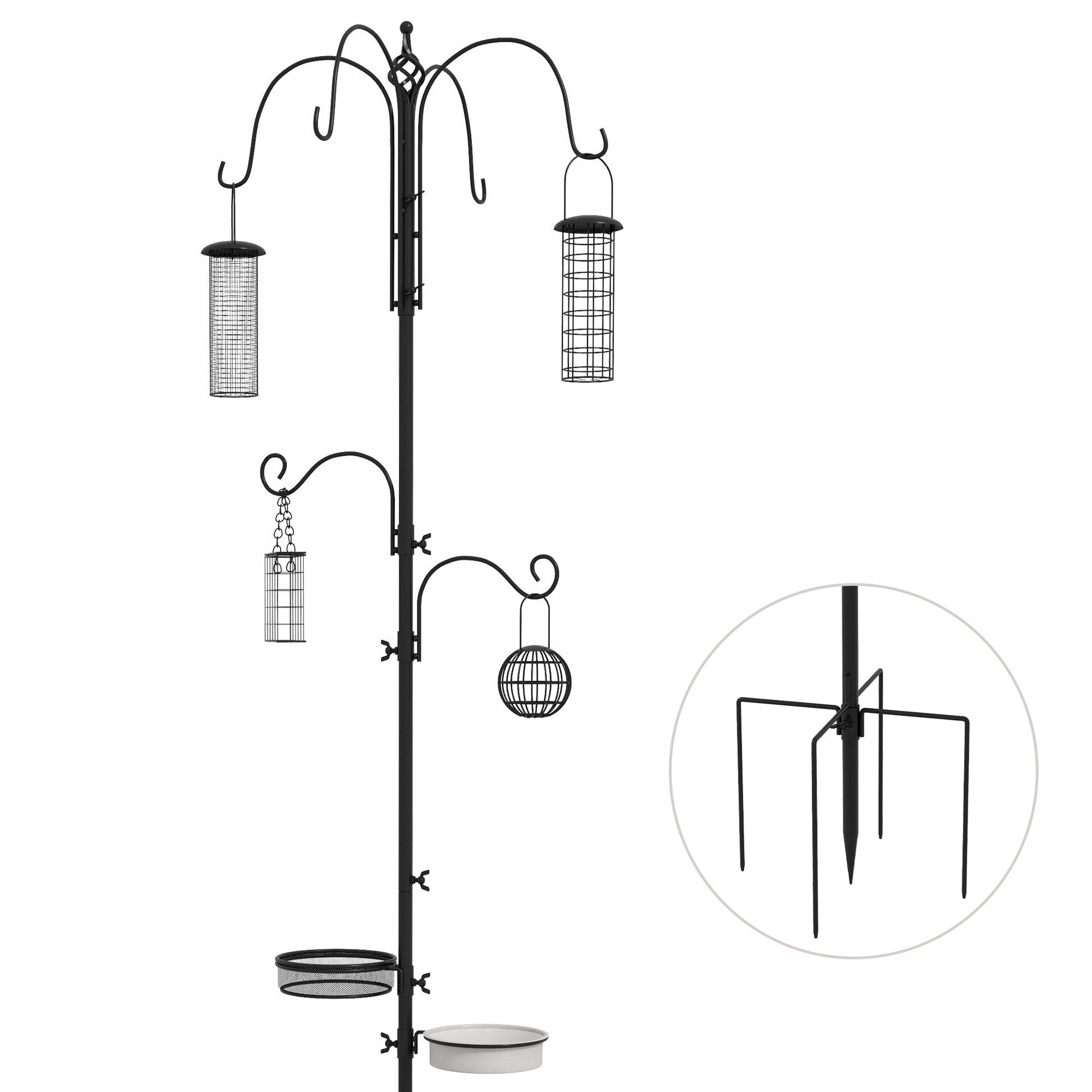 Bird Feeding Station Kit, Wild Bird Feeder Pole with 6 Hooks, 4 Hanging Feeders for Peanuts, Seed, Fat Balls, for Garden, Outdoor, Black