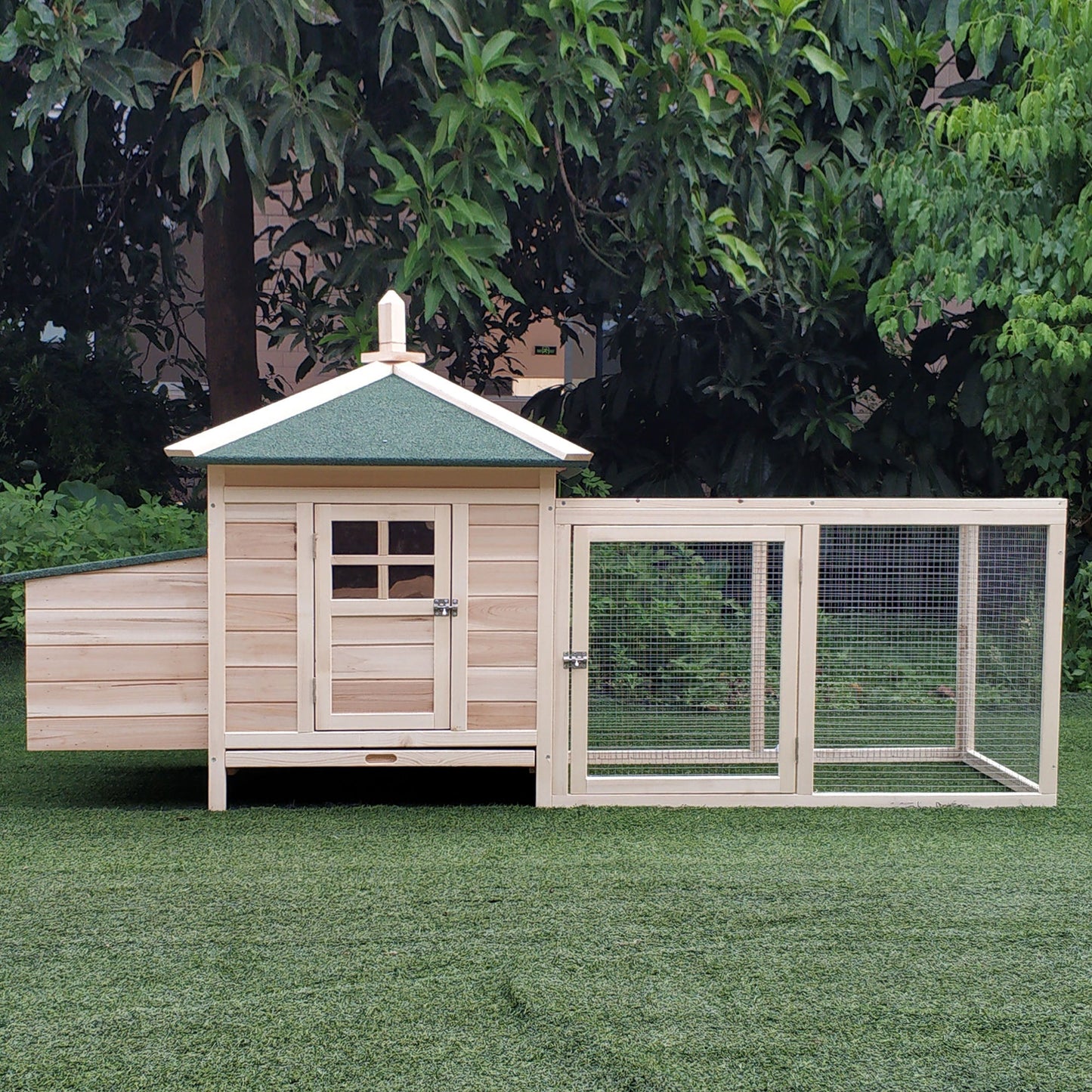 Chicken Coop with Chicken Run, Outdoor Hen House Poultry Cage with Nesting Box, Openable Top, 196 x 76 x 97cm, Natural