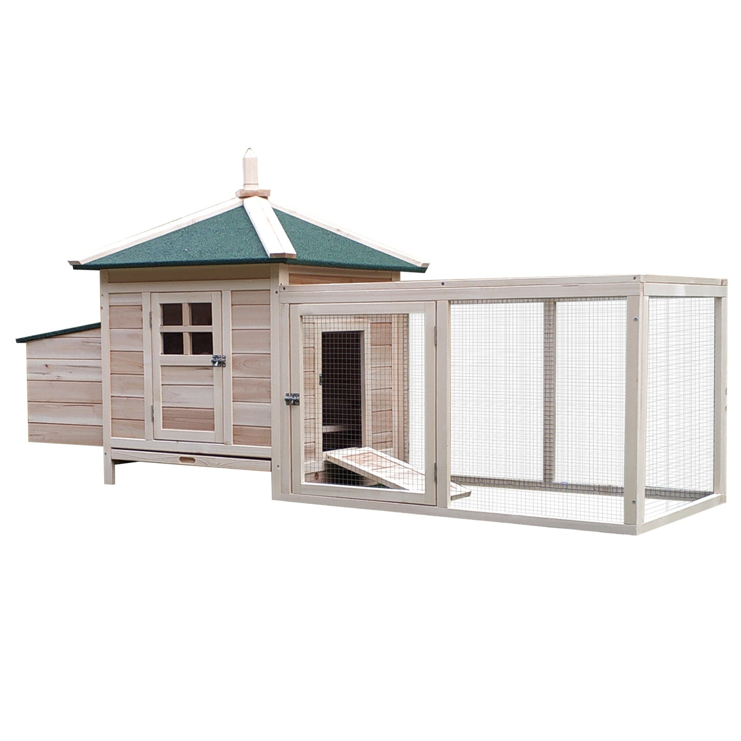 Chicken Coop with Chicken Run, Outdoor Hen House Poultry Cage with Nesting Box, Openable Top, 196 x 76 x 97cm, Natural