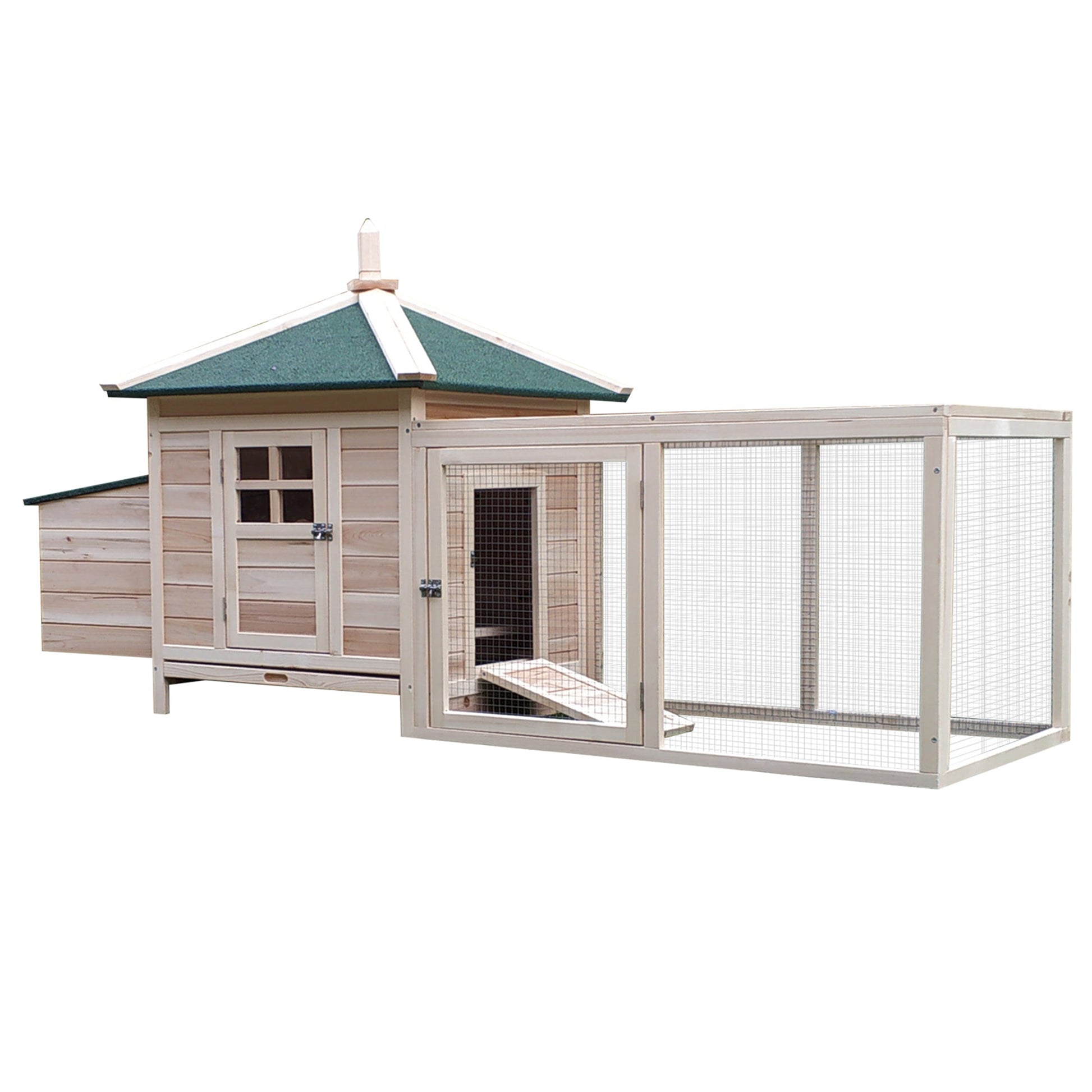 Chicken Coop with Chicken Run, Outdoor Hen House Poultry Cage with Nesting Box, Openable Top, 196 x 76 x 97cm, Natural