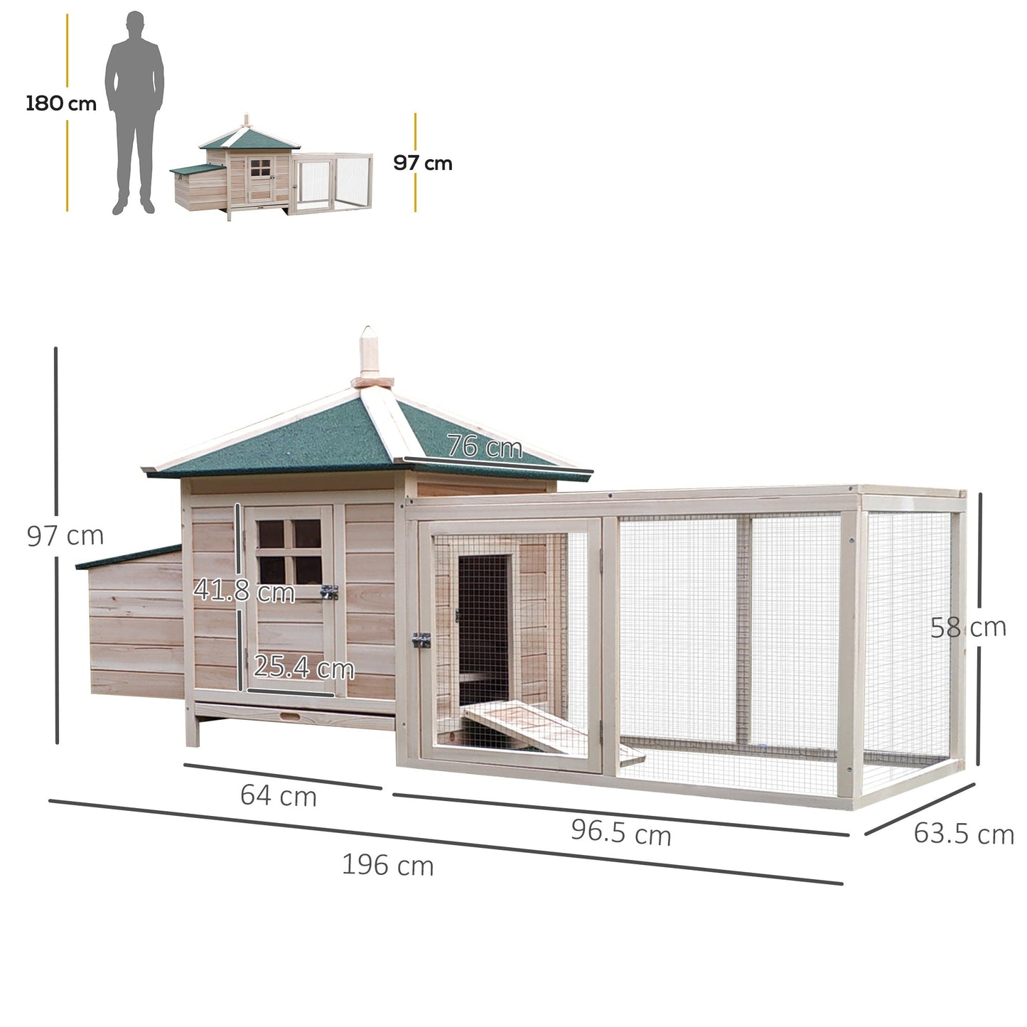 Chicken Coop with Chicken Run, Outdoor Hen House Poultry Cage with Nesting Box, Openable Top, 196 x 76 x 97cm, Natural