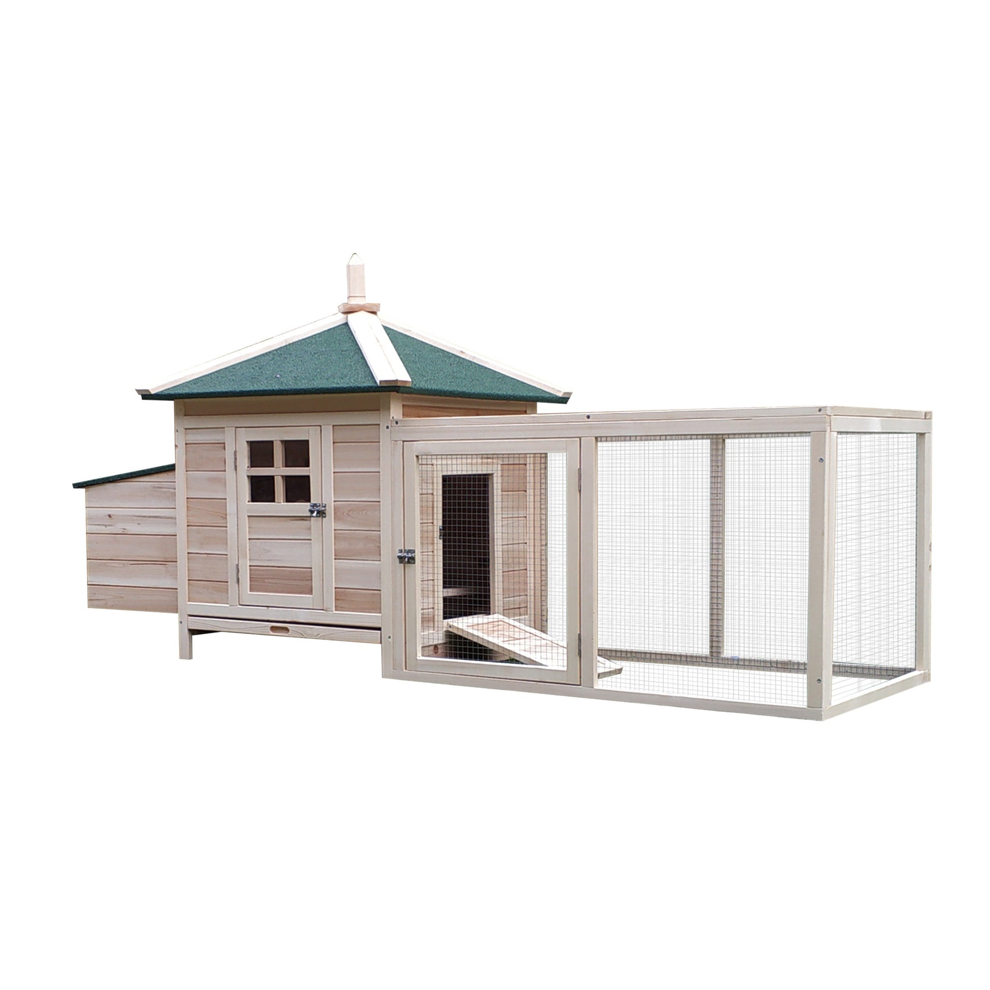 Chicken Coop with Chicken Run, Outdoor Hen House Poultry Cage with Nesting Box, Openable Top, 196 x 76 x 97cm, Natural