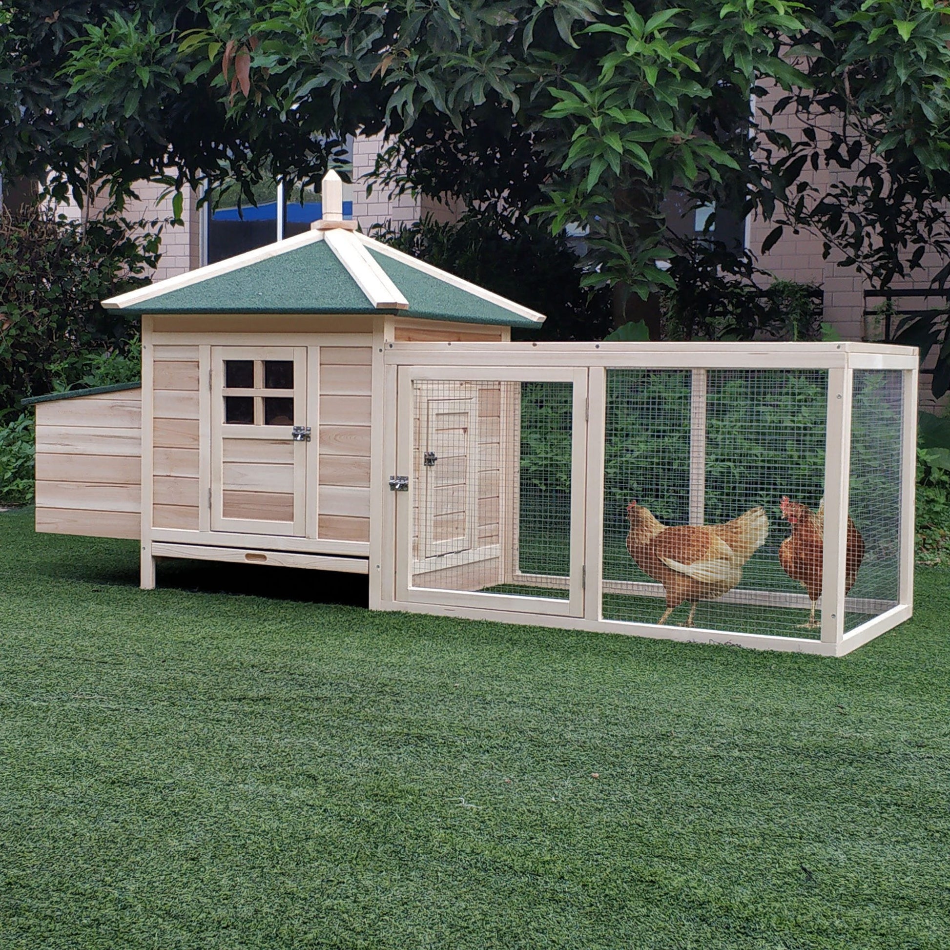 Chicken Coop with Chicken Run, Outdoor Hen House Poultry Cage with Nesting Box, Openable Top, 196 x 76 x 97cm, Natural