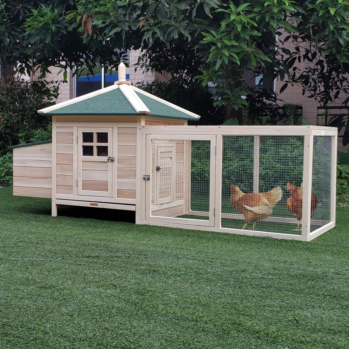 Chicken Coop with Chicken Run, Outdoor Hen House Poultry Cage with Nesting Box, Openable Top, 196 x 76 x 97cm, Natural