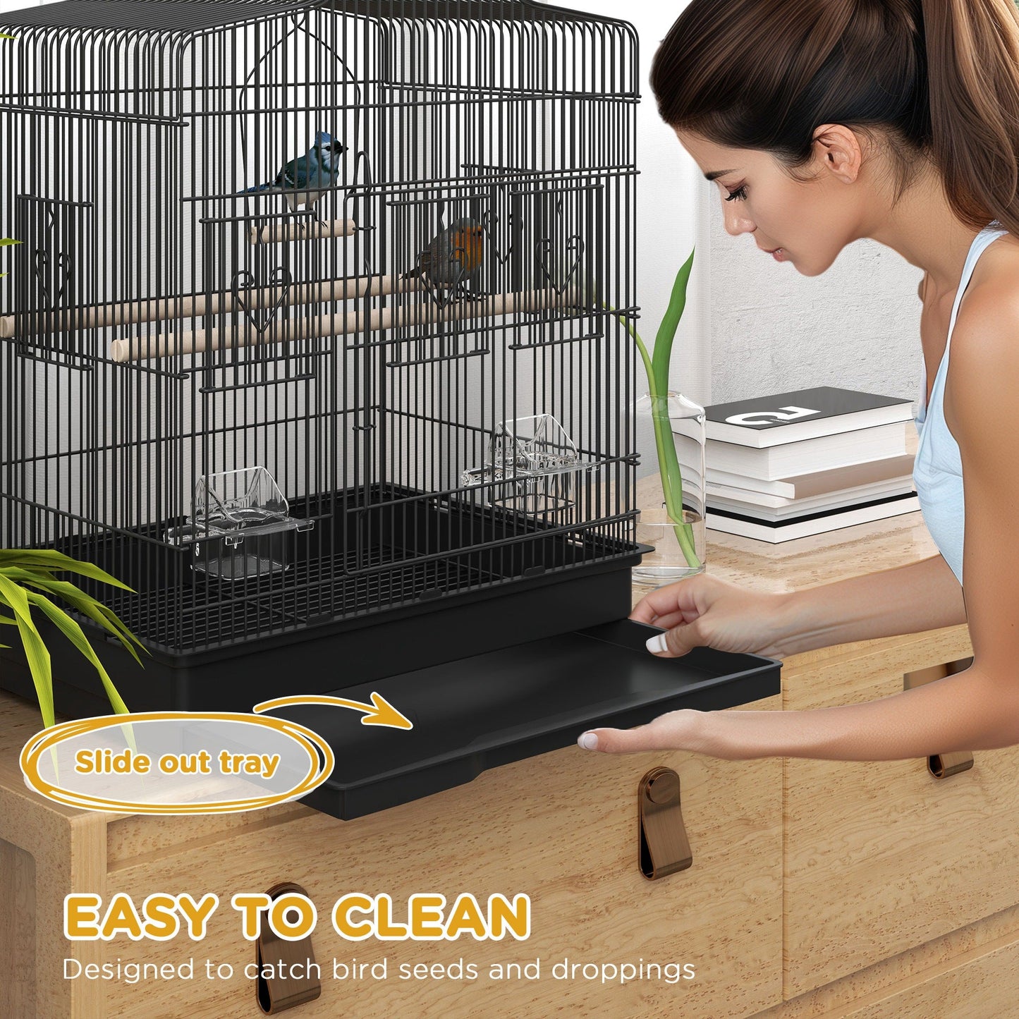 Bird Cage with Perches, Food Bowls, Swing, Parrot Cage for Budgie, Parakeet, Small Bird, 46.5 x 36 x 59cm, Black