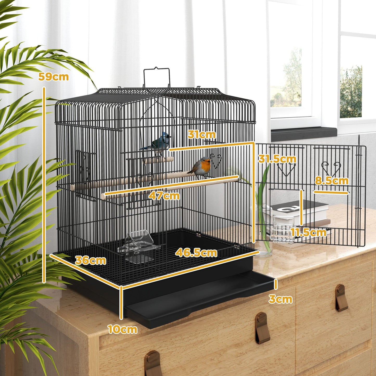 Bird Cage with Perches, Food Bowls, Swing, Parrot Cage for Budgie, Parakeet, Small Bird, 46.5 x 36 x 59cm, Black