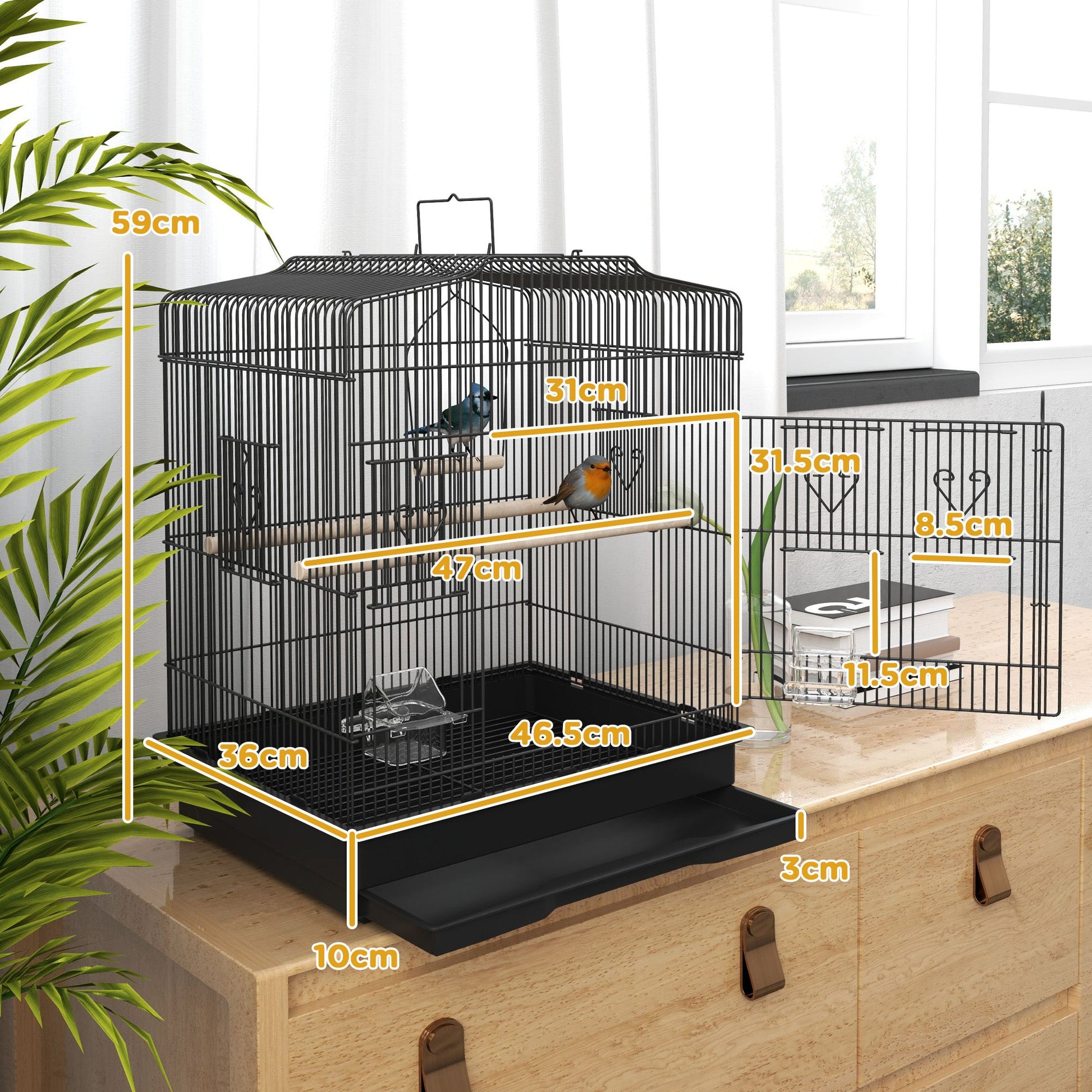 Bird Cage with Perches, Food Bowls, Swing, Parrot Cage for Budgie, Parakeet, Small Bird, 46.5 x 36 x 59cm, Black