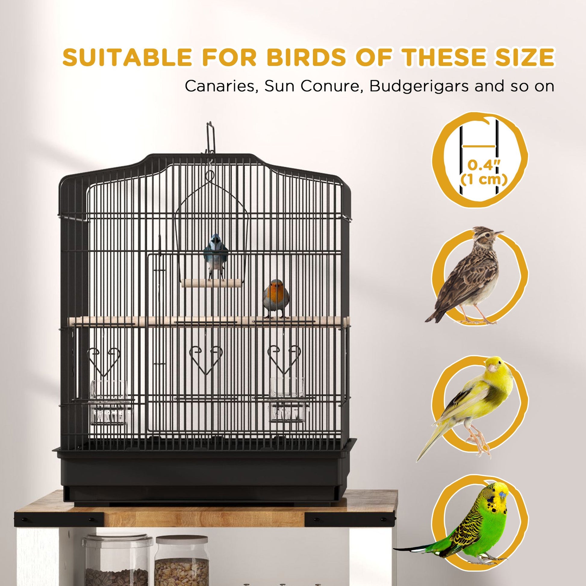 Bird Cage with Perches, Food Bowls, Swing, Parrot Cage for Budgie, Parakeet, Small Bird, 46.5 x 36 x 59cm, Black