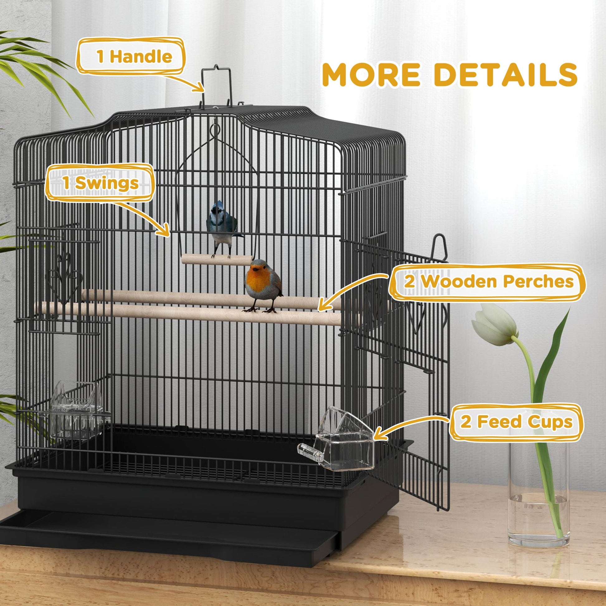 Bird Cage with Perches, Food Bowls, Swing, Parrot Cage for Budgie, Parakeet, Small Bird, 46.5 x 36 x 59cm, Black