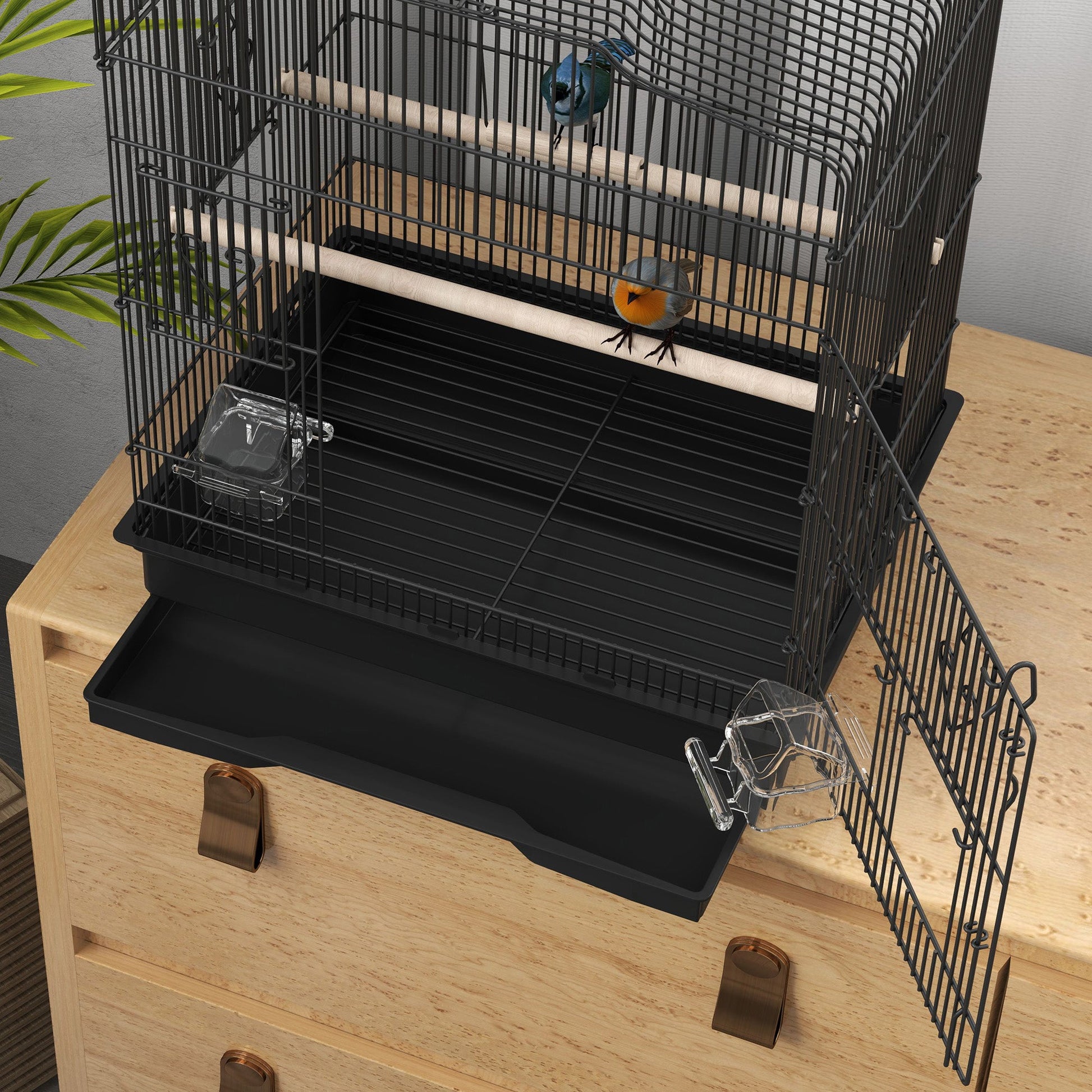 Bird Cage with Perches, Food Bowls, Swing, Parrot Cage for Budgie, Parakeet, Small Bird, 46.5 x 36 x 59cm, Black