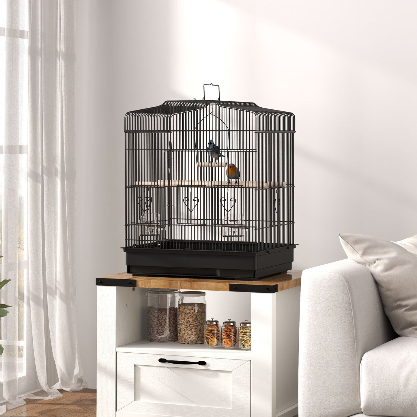 Bird Cage with Perches, Food Bowls, Swing, Parrot Cage for Budgie, Parakeet, Small Bird, 46.5 x 36 x 59cm, Black