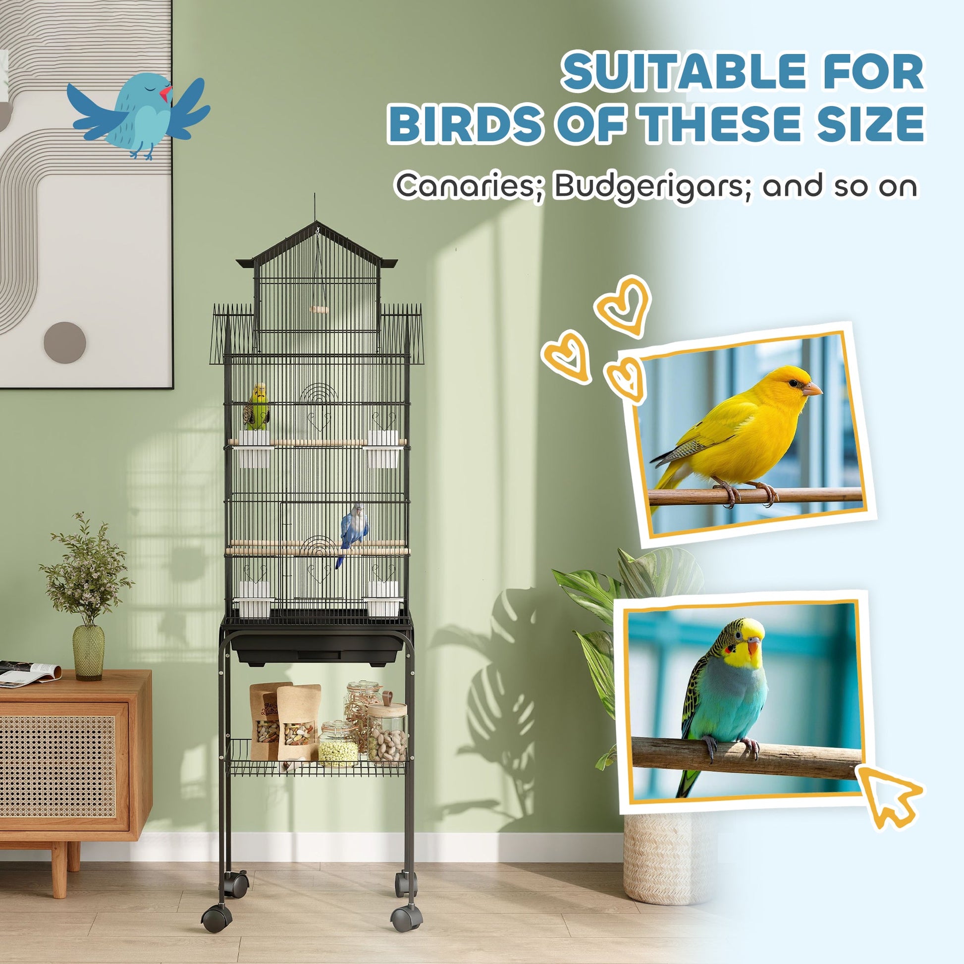 Bird Cage Budgie Cage with Stand Slide Tray Handle for Finch Canary 43 x 32.5 x 163cm Black