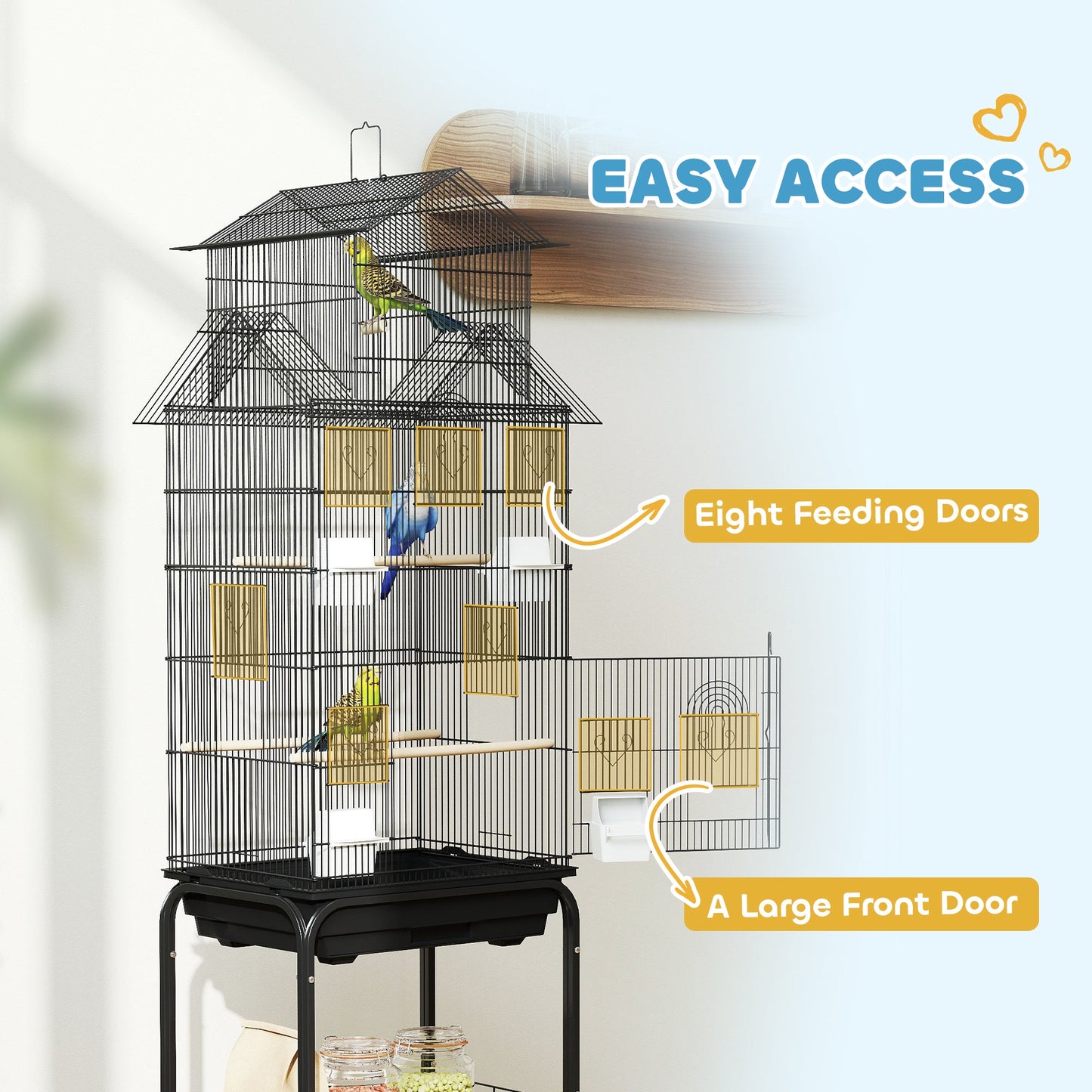 Bird Cage Budgie Cage with Stand Slide Tray Handle for Finch Canary 43 x 32.5 x 163cm Black