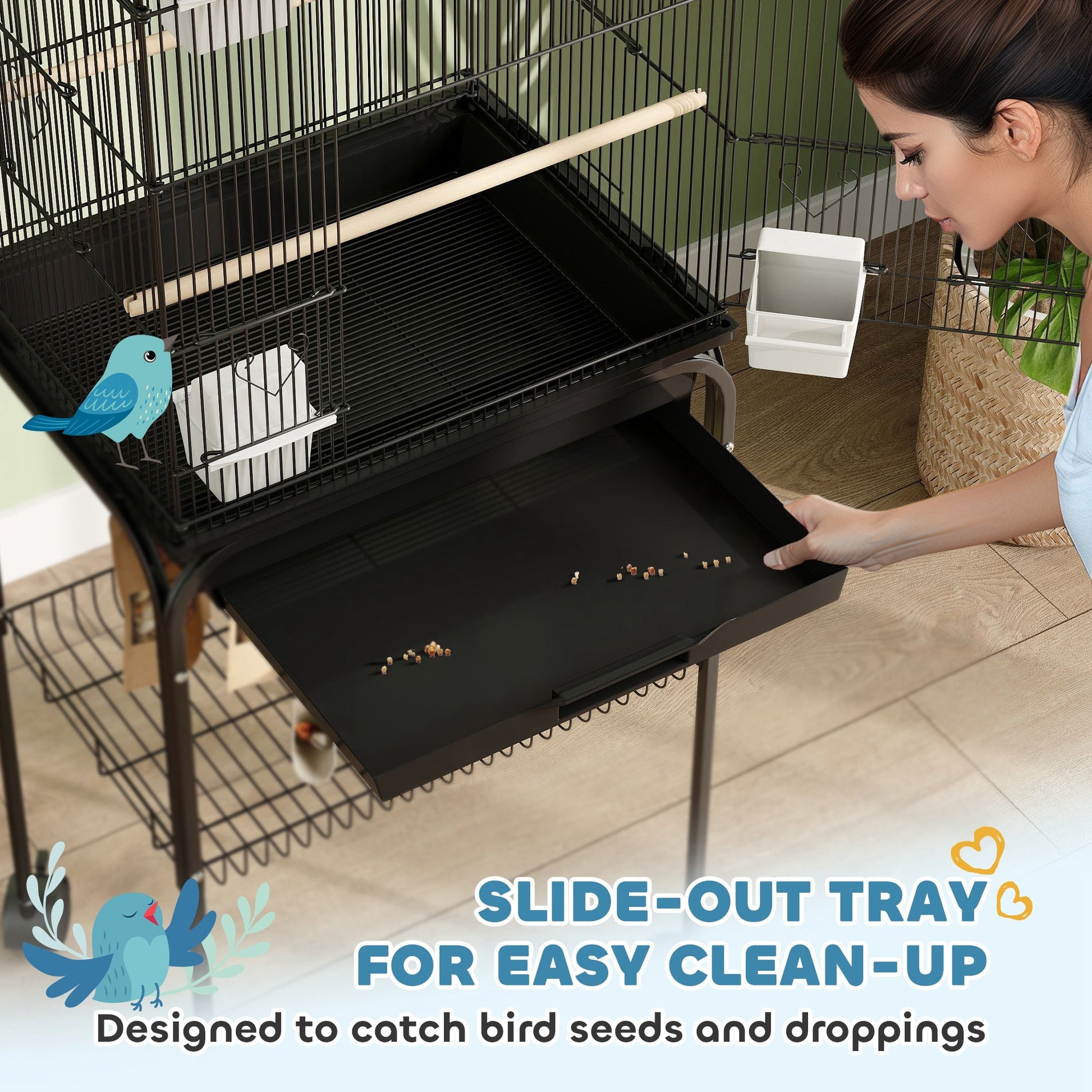 Bird Cage Budgie Cage with Stand Slide Tray Handle for Finch Canary 43 x 32.5 x 163cm Black