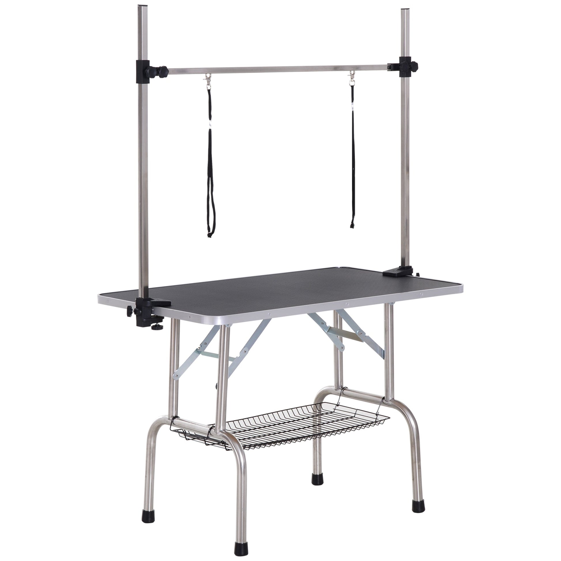 42" Foldable Dog Grooming Table Adjustable Pet Cat Drying Beauty Table Rubber Top with 2 Loops Storage Basket Metal Black