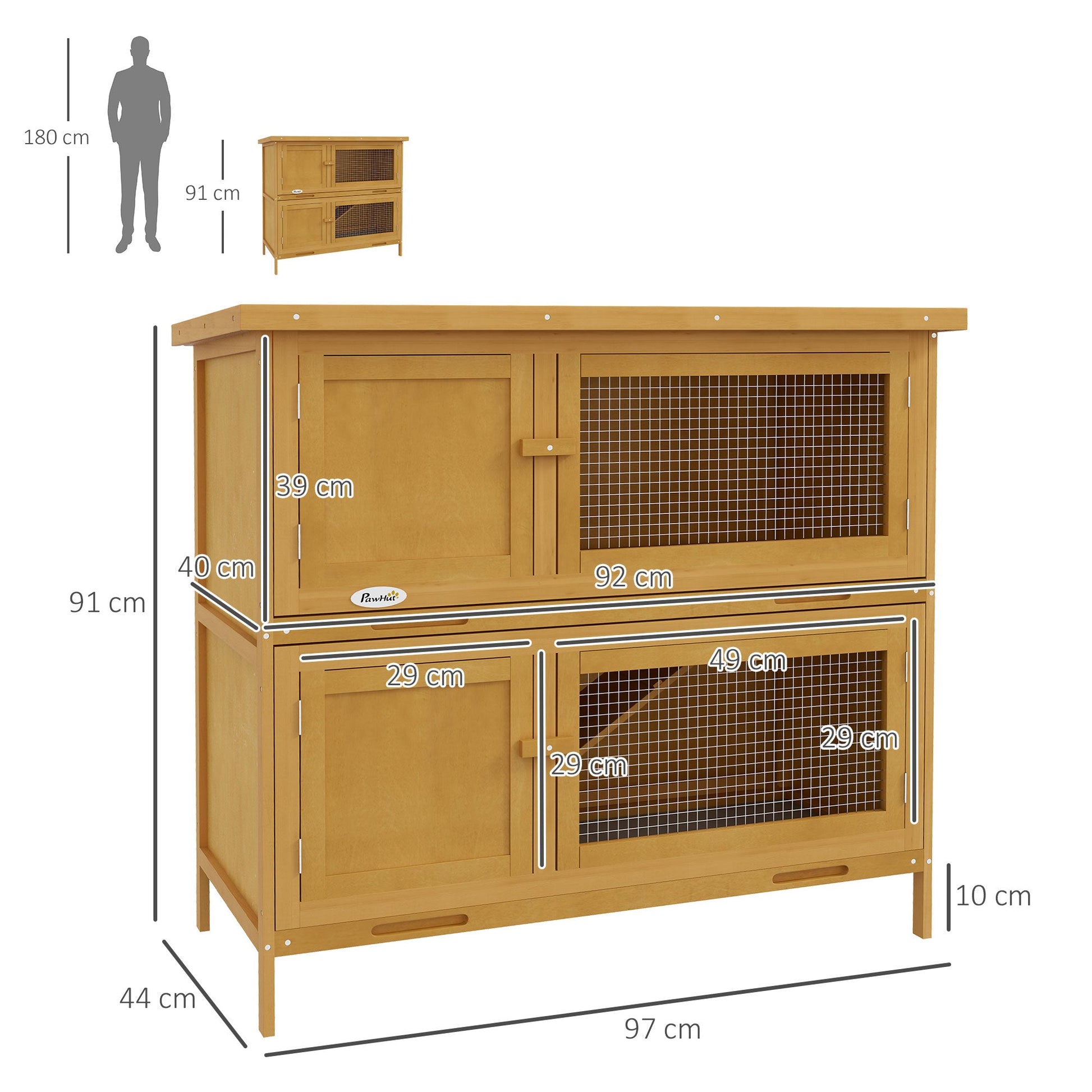 Rabbit Hutch  Guinea Pig Hutch Double Decker Pet Cage with Openable Roof, Divider, Ramp for Outdoor 97 x 44 x 91cm, Yellow