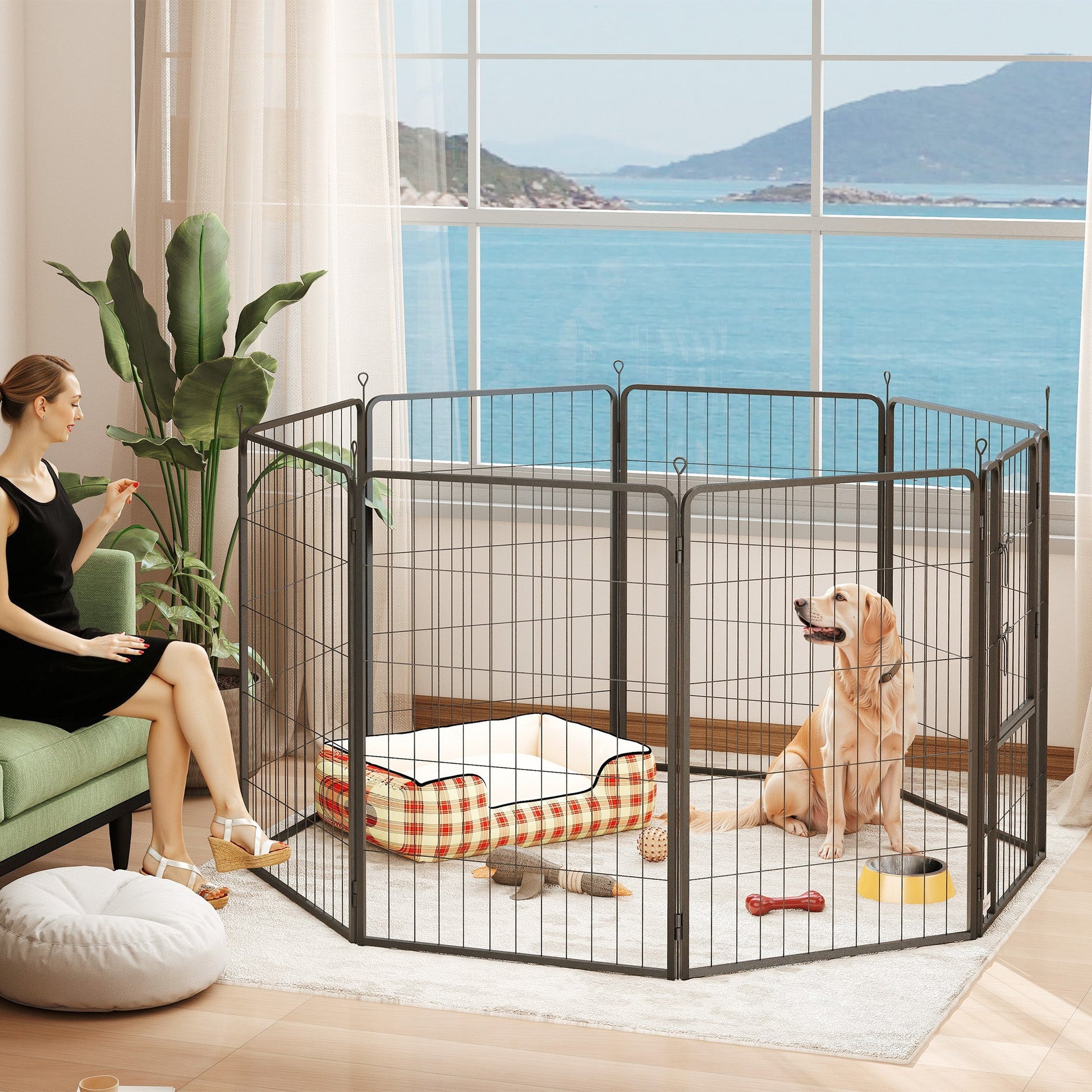 Dog Pen, 8 Panel Puppy Pen, Steel Dog Playpen, for Large Breeds, 100cm Tall, Black