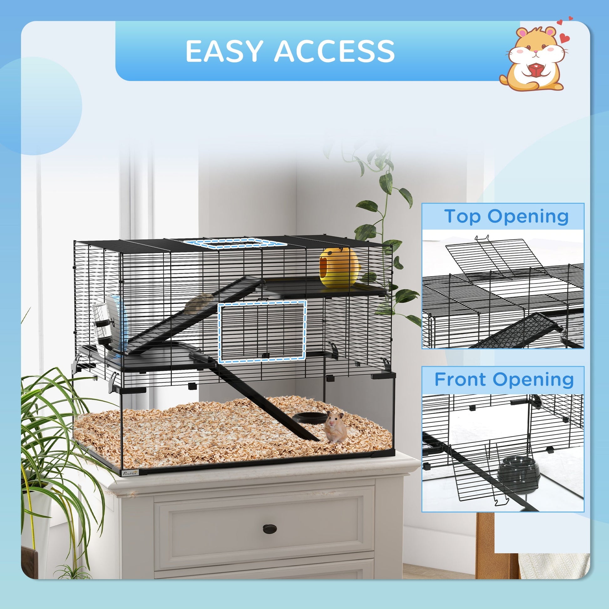3 Tiers Hamster Cage, Gerbil Cage with Deep Glass Bottom, Non-Slip Ramps, Platforms, Hut, Exercise Wheels, Water Bottle, Dish, for Syrian Hamster, Dwarf Hamster, 78.5 x 48.5 x 57cm