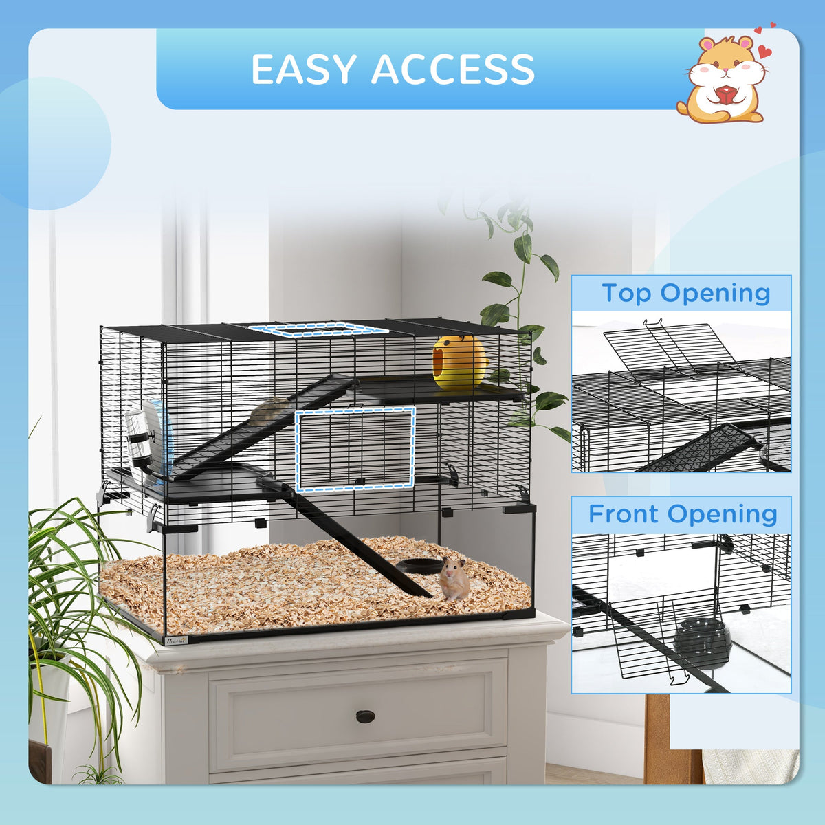 3 Tiers Hamster Cage, Gerbil Cage with Deep Glass Bottom, Non-Slip Ramps, Platforms, Hut, Exercise Wheels, Water Bottle, Dish, for Syrian Hamster, Dwarf Hamster, 78.5 x 48.5 x 57cm