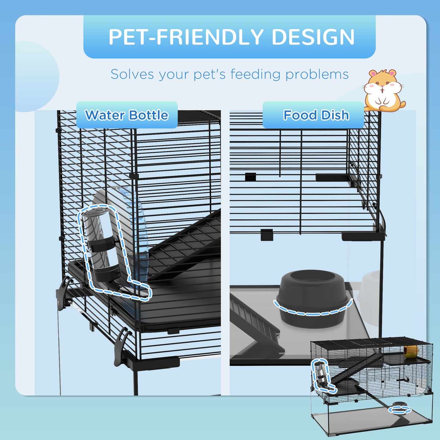 3 Tiers Hamster Cage, Gerbil Cage with Deep Glass Bottom, Non-Slip Ramps, Platforms, Hut, Exercise Wheels, Water Bottle, Dish, for Syrian Hamster, Dwarf Hamster, 78.5 x 48.5 x 57cm