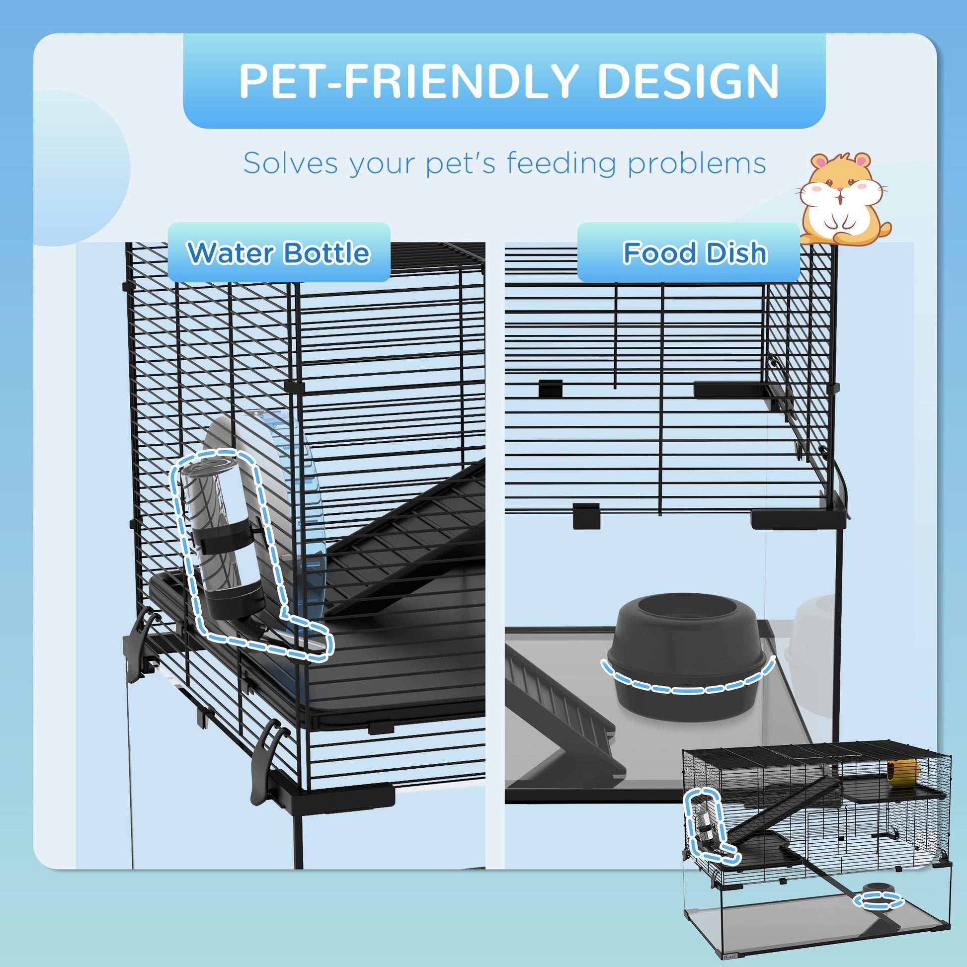 3 Tiers Hamster Cage, Gerbil Cage with Deep Glass Bottom, Non-Slip Ramps, Platforms, Hut, Exercise Wheels, Water Bottle, Dish, for Syrian Hamster, Dwarf Hamster, 78.5 x 48.5 x 57cm