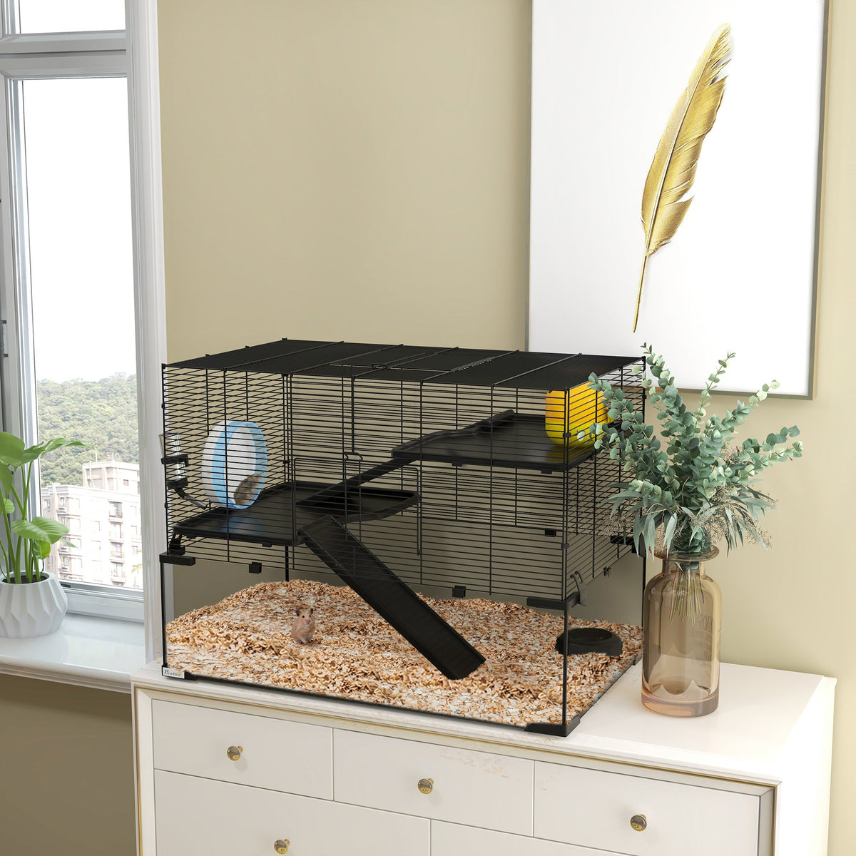 3 Tiers Hamster Cage, Gerbil Cage with Deep Glass Bottom, Non-Slip Ramps, Platforms, Hut, Exercise Wheels, Water Bottle, Dish, for Syrian Hamster, Dwarf Hamster, 78.5 x 48.5 x 57cm