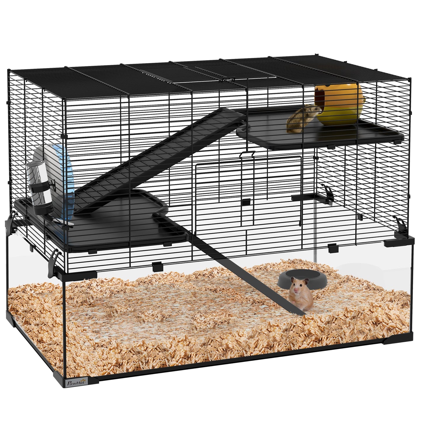 3 Tiers Hamster Cage, Gerbil Cage with Deep Glass Bottom, Non-Slip Ramps, Platforms, Hut, Exercise Wheels, Water Bottle, Dish, for Syrian Hamster, Dwarf Hamster, 78.5 x 48.5 x 57cm