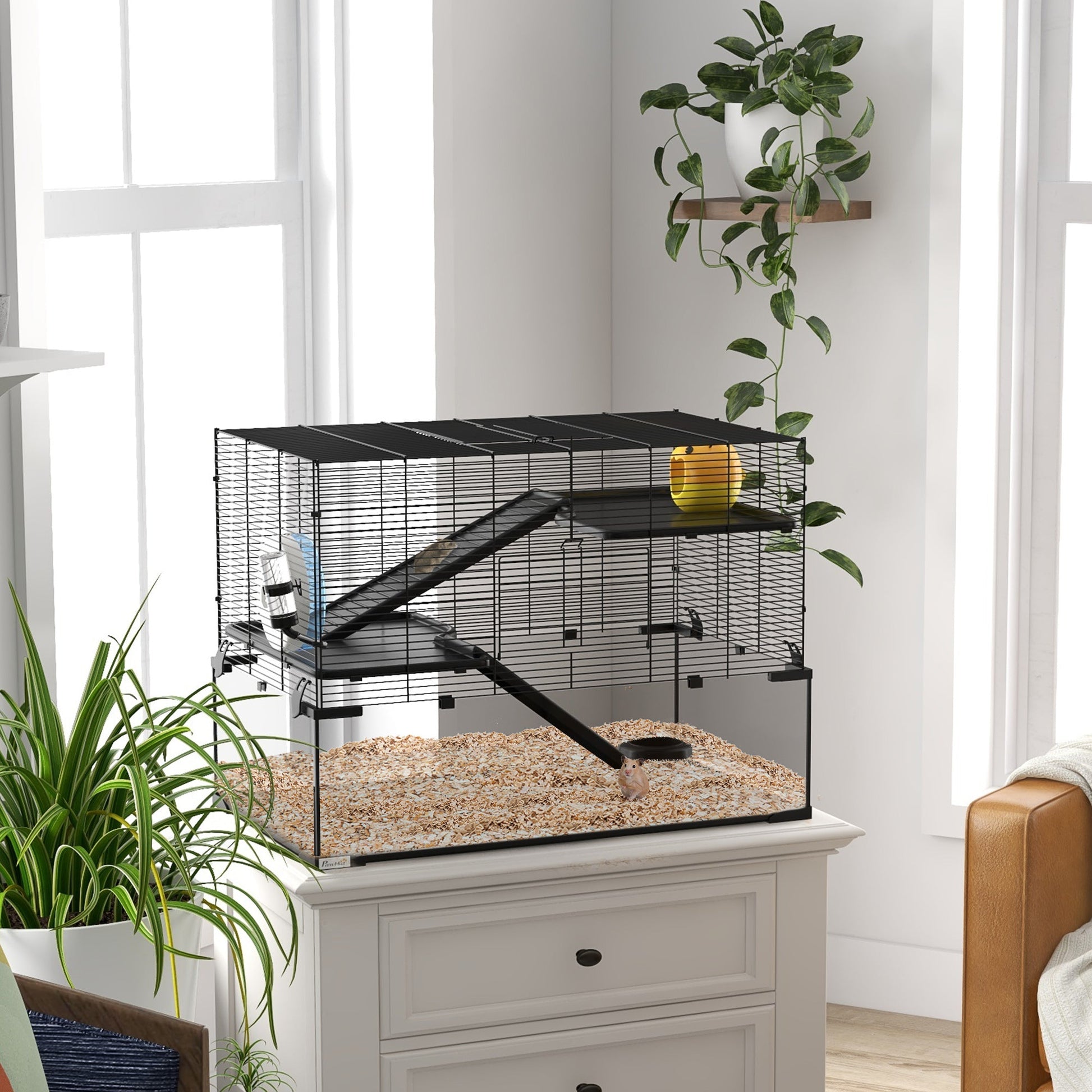 3 Tiers Hamster Cage, Gerbil Cage with Deep Glass Bottom, Non-Slip Ramps, Platforms, Hut, Exercise Wheels, Water Bottle, Dish, for Syrian Hamster, Dwarf Hamster, 78.5 x 48.5 x 57cm
